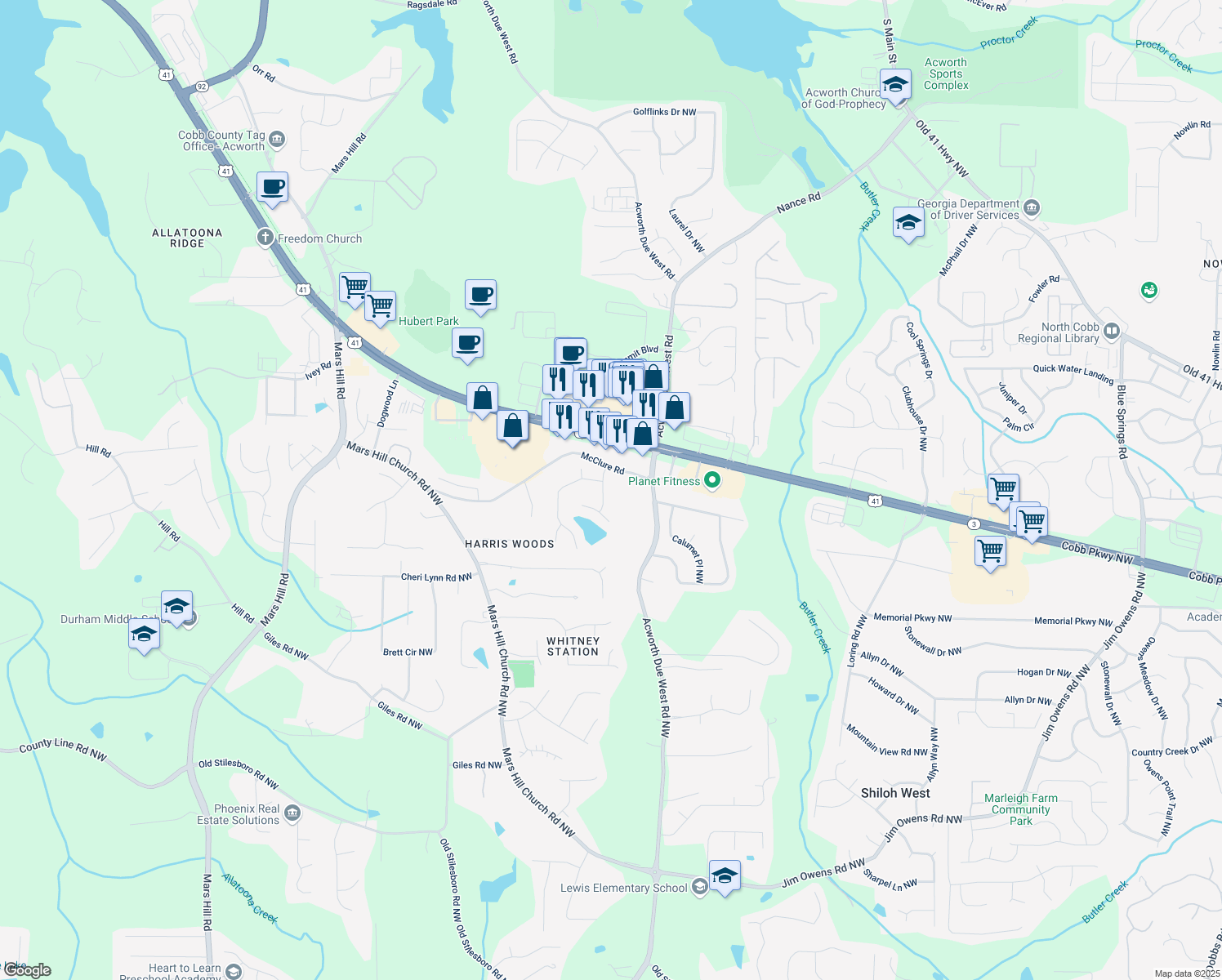 map of restaurants, bars, coffee shops, grocery stores, and more near 3186 Sail Winds Drive Northwest in Acworth
