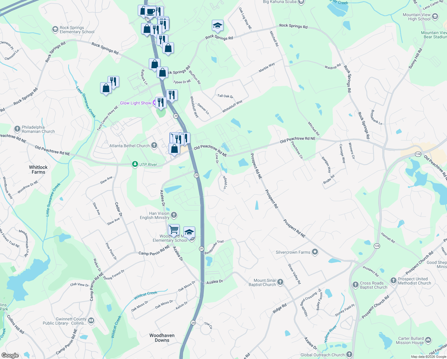 map of restaurants, bars, coffee shops, grocery stores, and more near 2352 Infield Lane in Lawrenceville