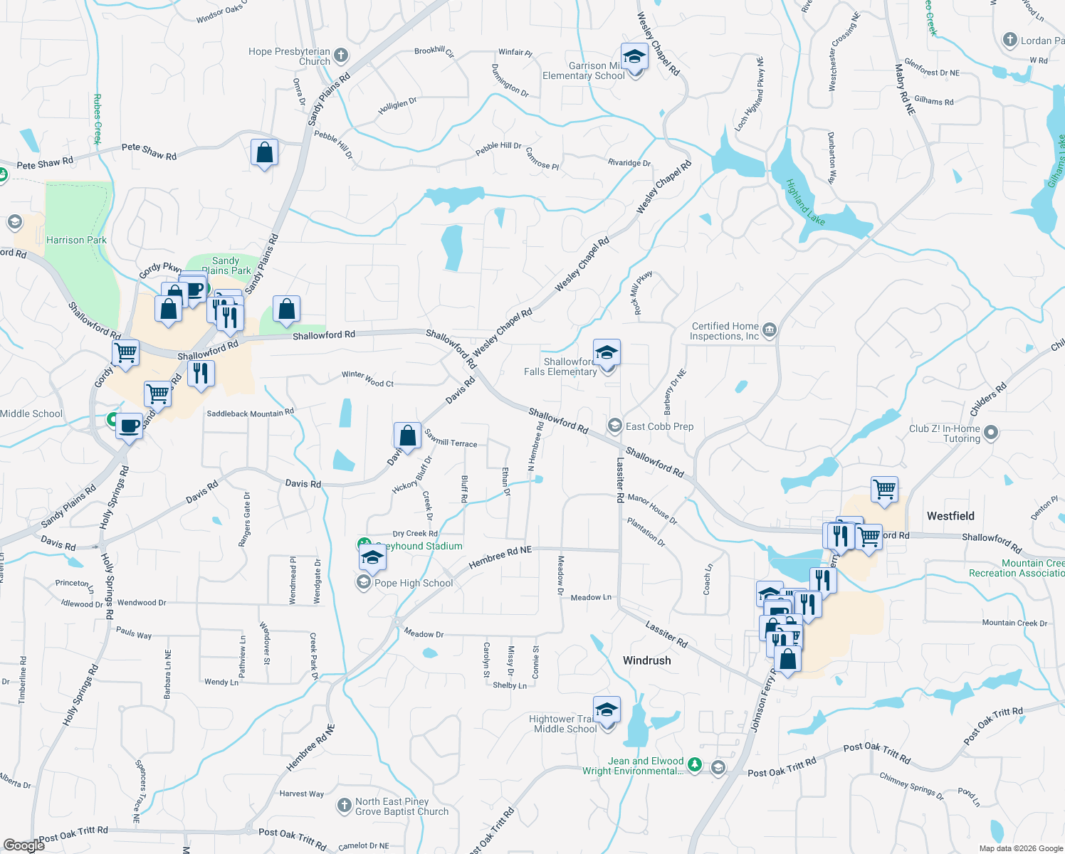 map of restaurants, bars, coffee shops, grocery stores, and more near 3730 Shallowford Road in Marietta