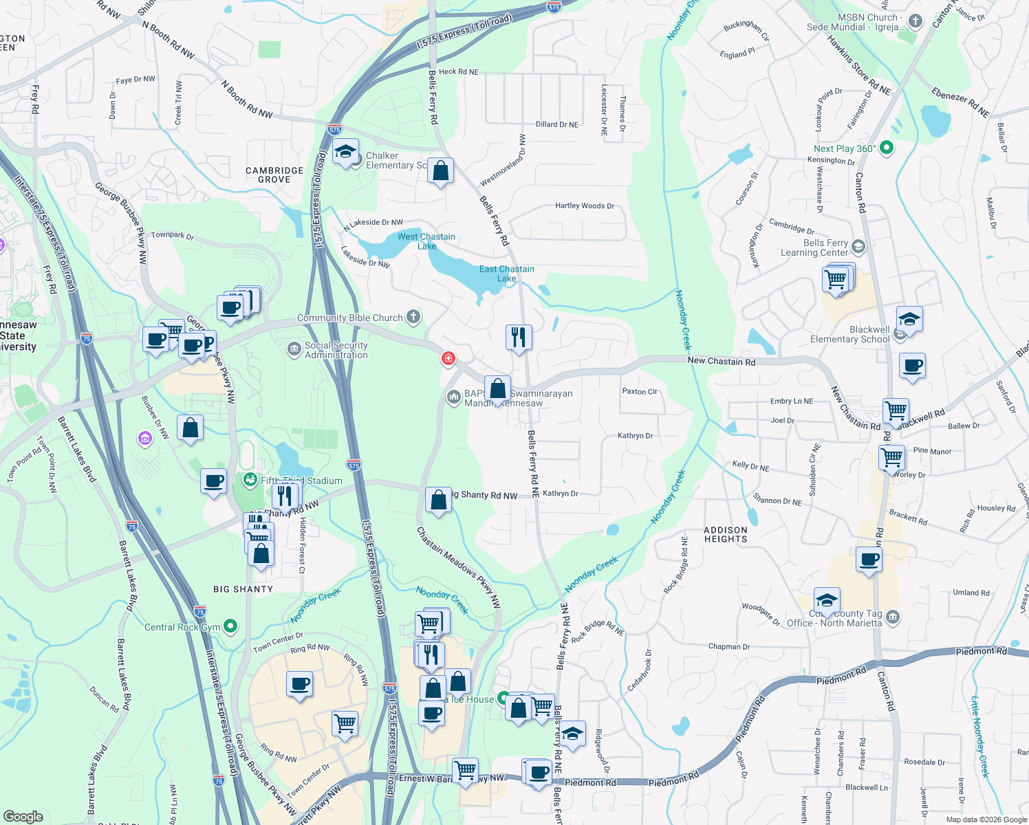 map of restaurants, bars, coffee shops, grocery stores, and more near 3333 Chastain Landings Court in Marietta