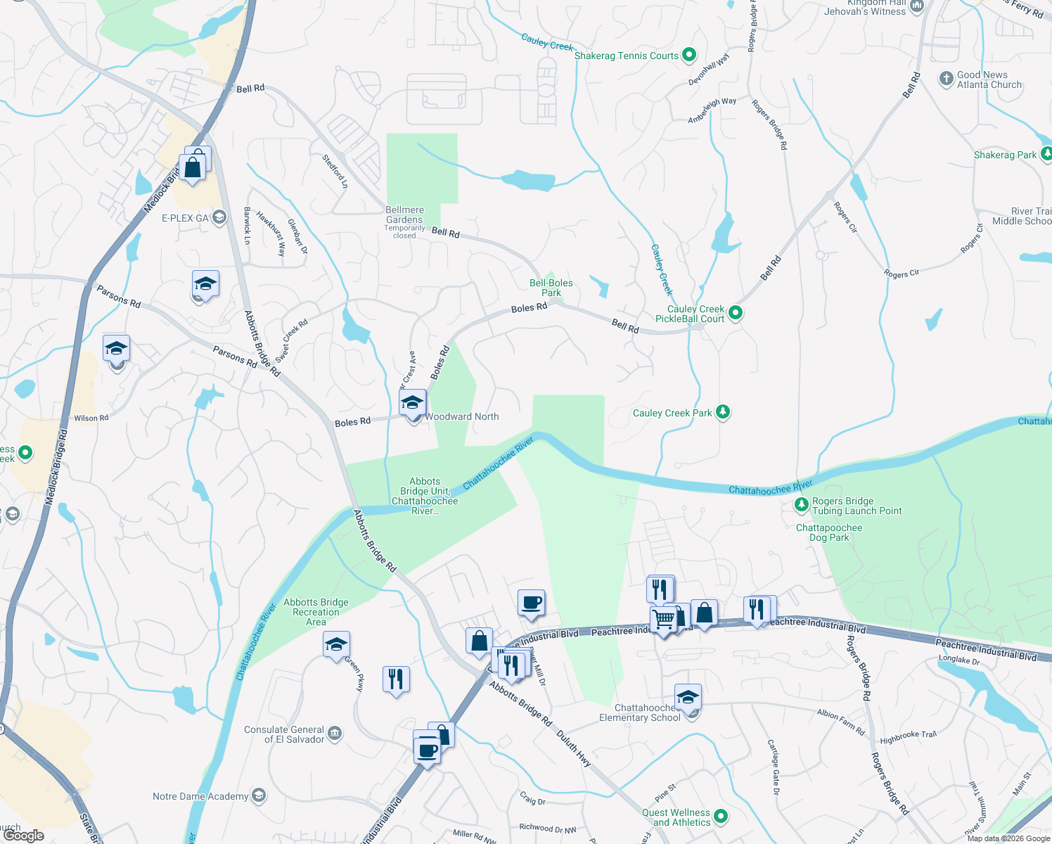 map of restaurants, bars, coffee shops, grocery stores, and more near 130 Wood River Court in Duluth