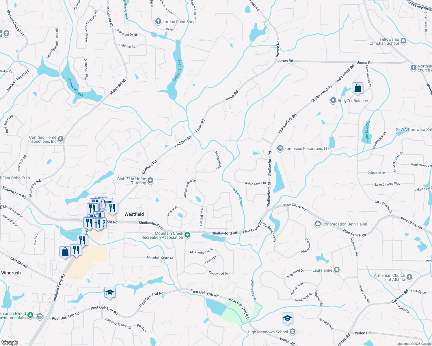 map of restaurants, bars, coffee shops, grocery stores, and more near 4955 Fairhaven Way in Roswell