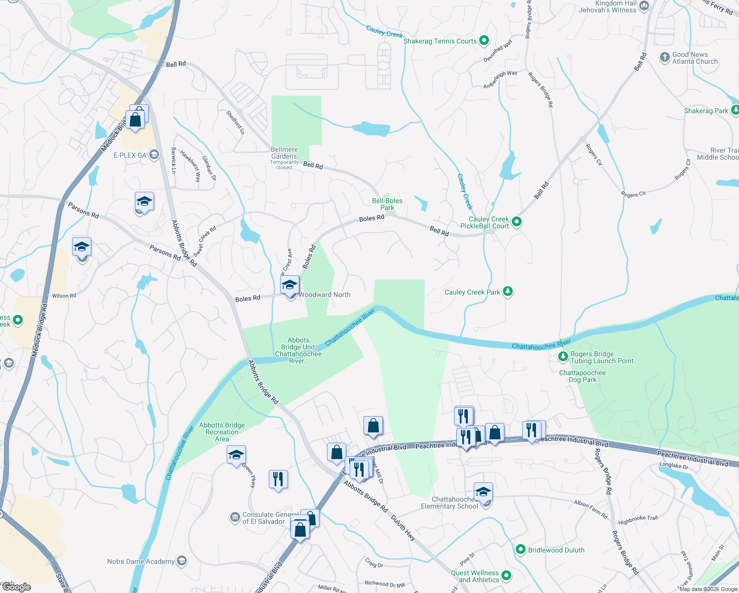 map of restaurants, bars, coffee shops, grocery stores, and more near 130 Wood River Ct in Duluth