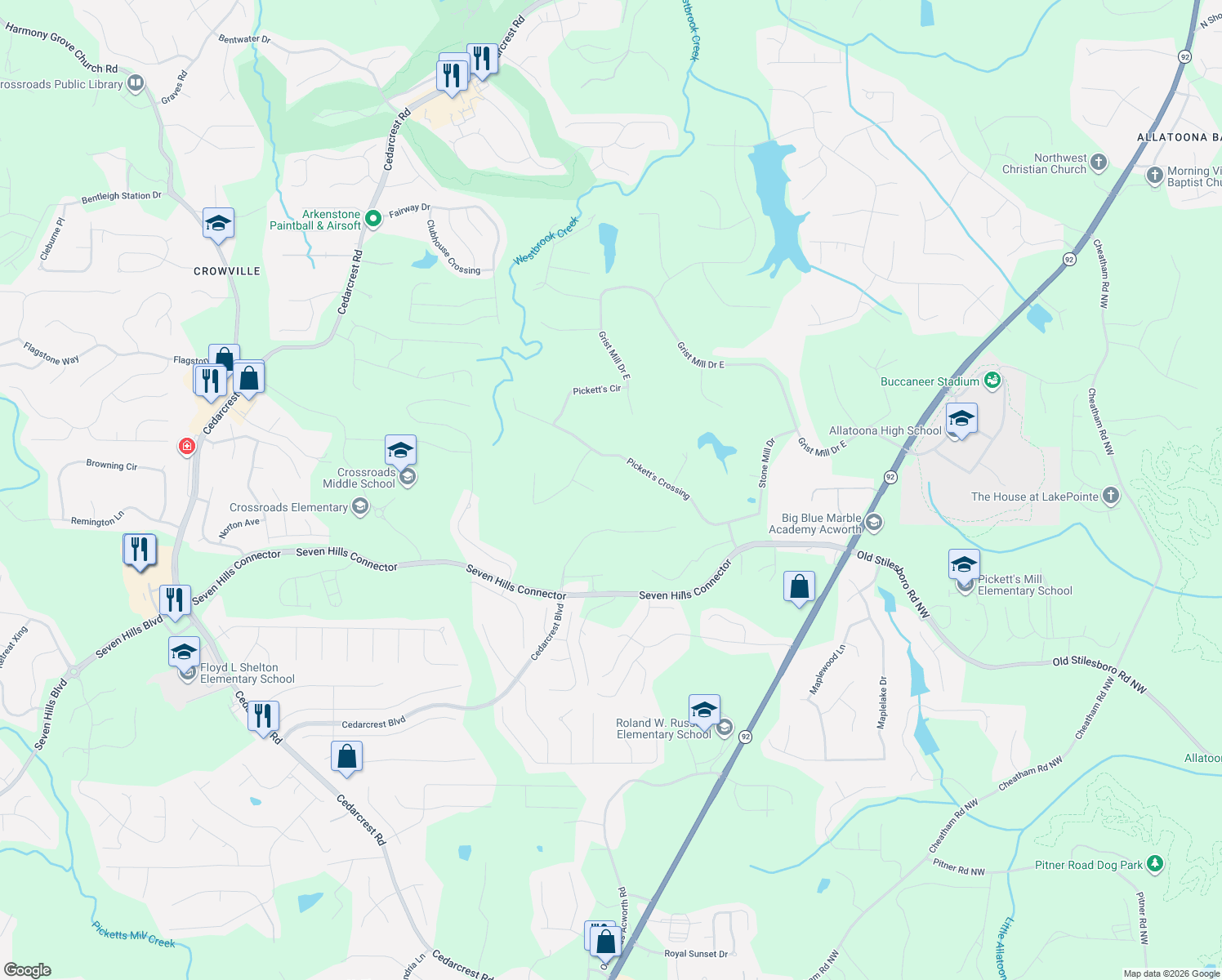 map of restaurants, bars, coffee shops, grocery stores, and more near 71 Pickett's View in Acworth