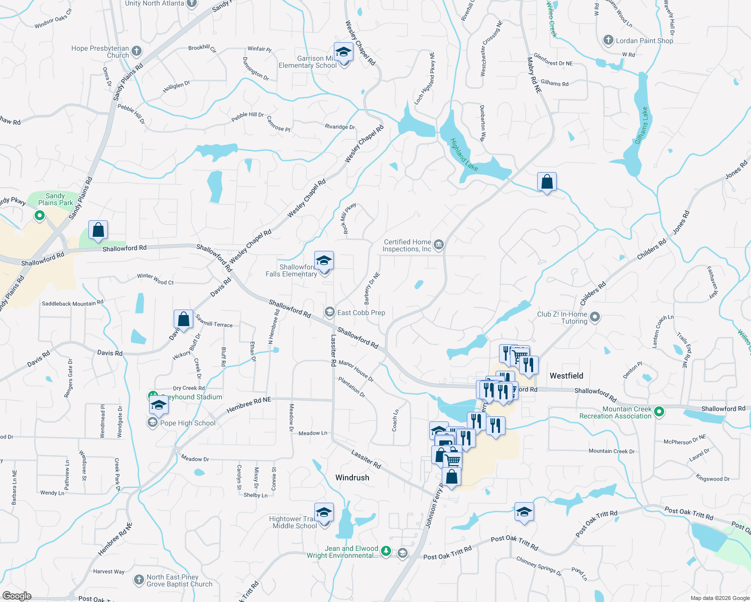 map of restaurants, bars, coffee shops, grocery stores, and more near 4063 Bittersweet Drive in Roswell