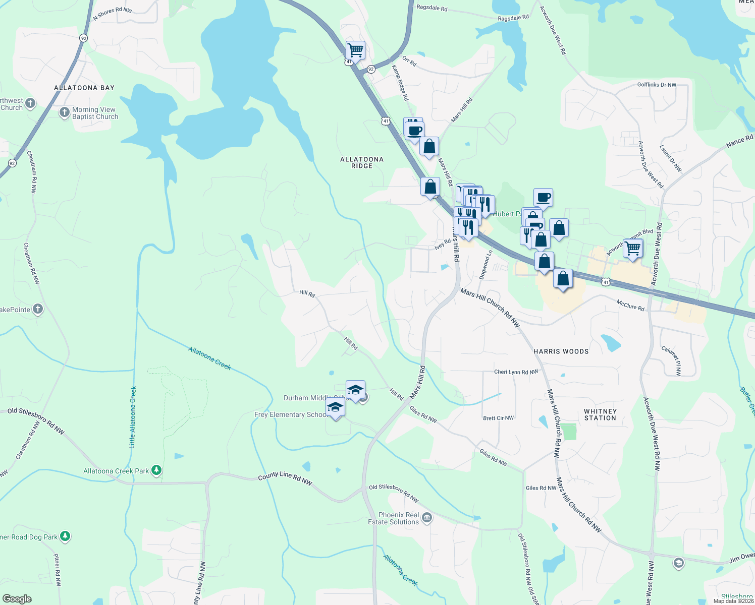 map of restaurants, bars, coffee shops, grocery stores, and more near 3226 Aviary Ct NW in Acworth