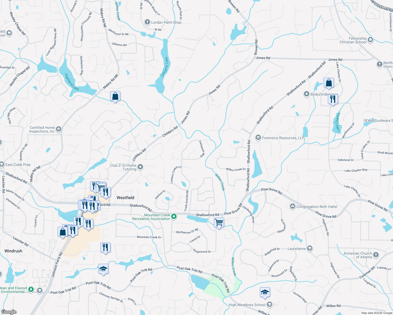 map of restaurants, bars, coffee shops, grocery stores, and more near 4955 Fairhaven Way in Roswell