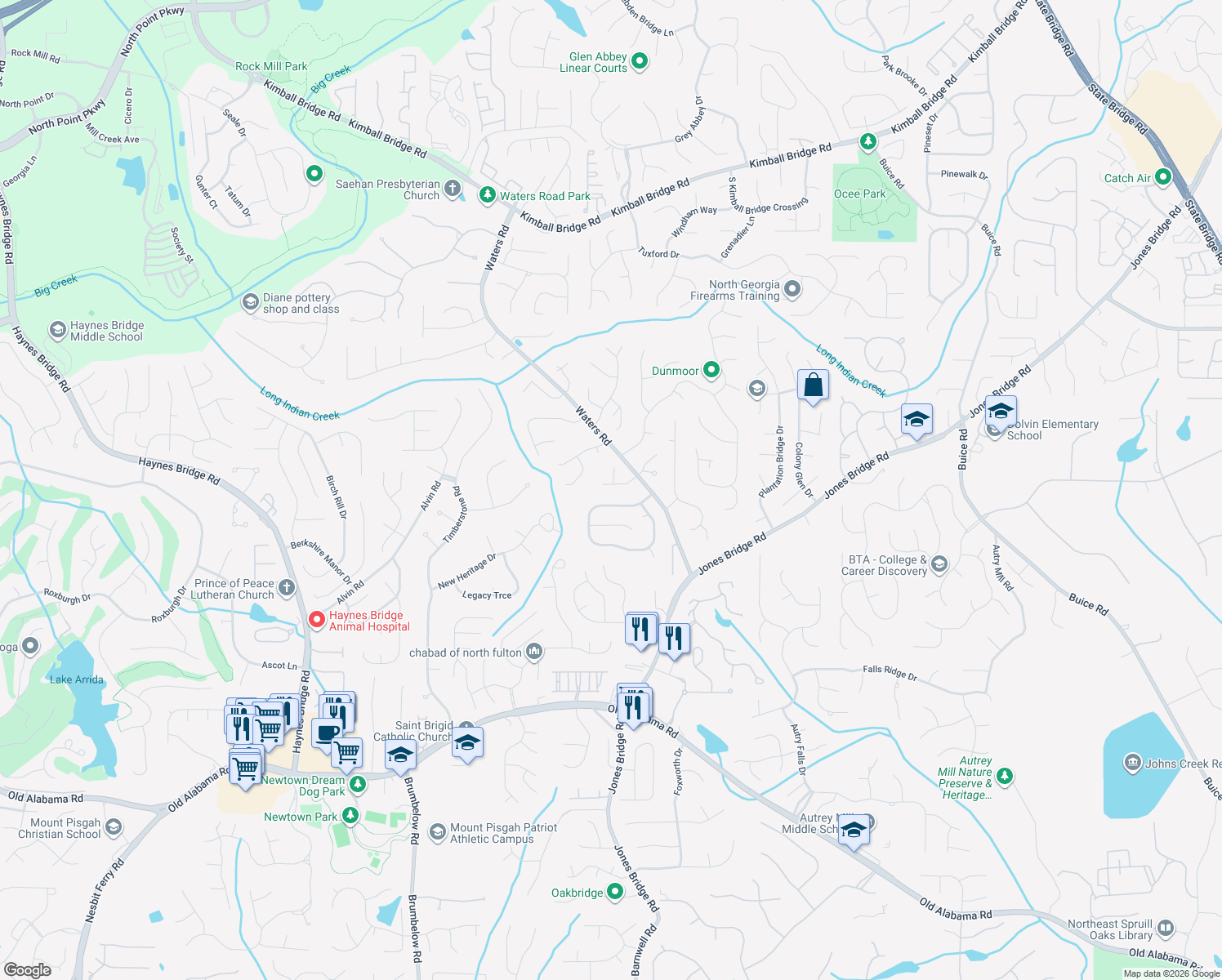 map of restaurants, bars, coffee shops, grocery stores, and more near 3625 Milton Park Dr in Alpharetta