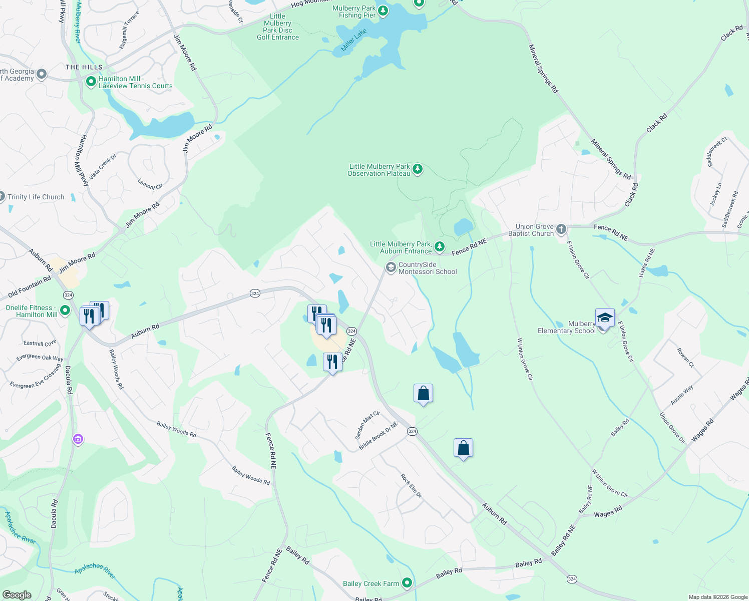 map of restaurants, bars, coffee shops, grocery stores, and more near 738 York View Dr NE in Auburn