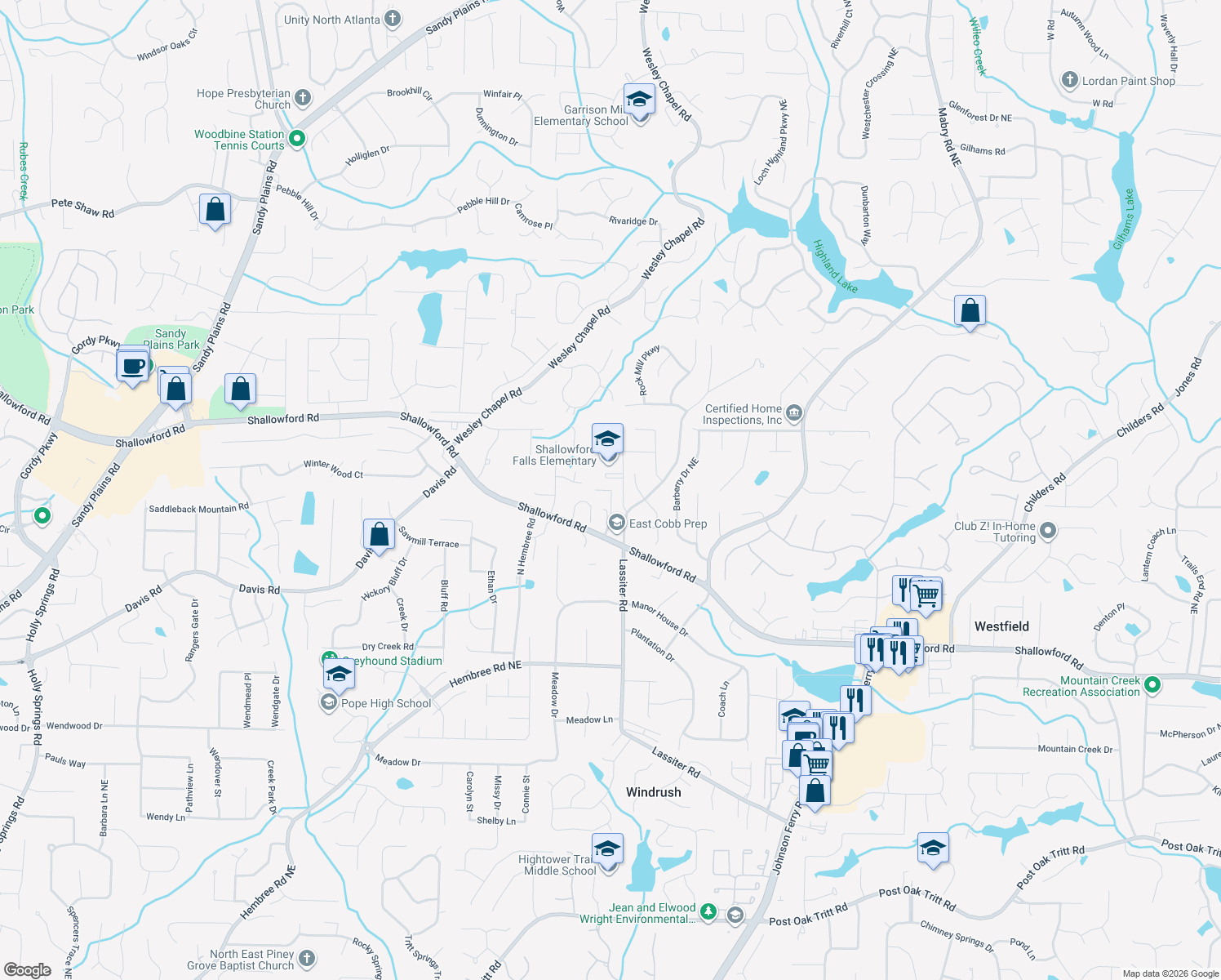 map of restaurants, bars, coffee shops, grocery stores, and more near 3450 Lassiter Falls Dr in Marietta