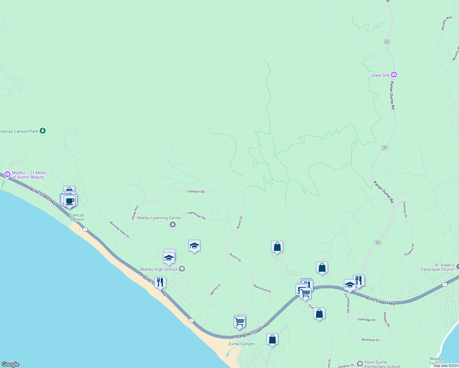 map of restaurants, bars, coffee shops, grocery stores, and more near 29675 Cuthbert Road in Malibu