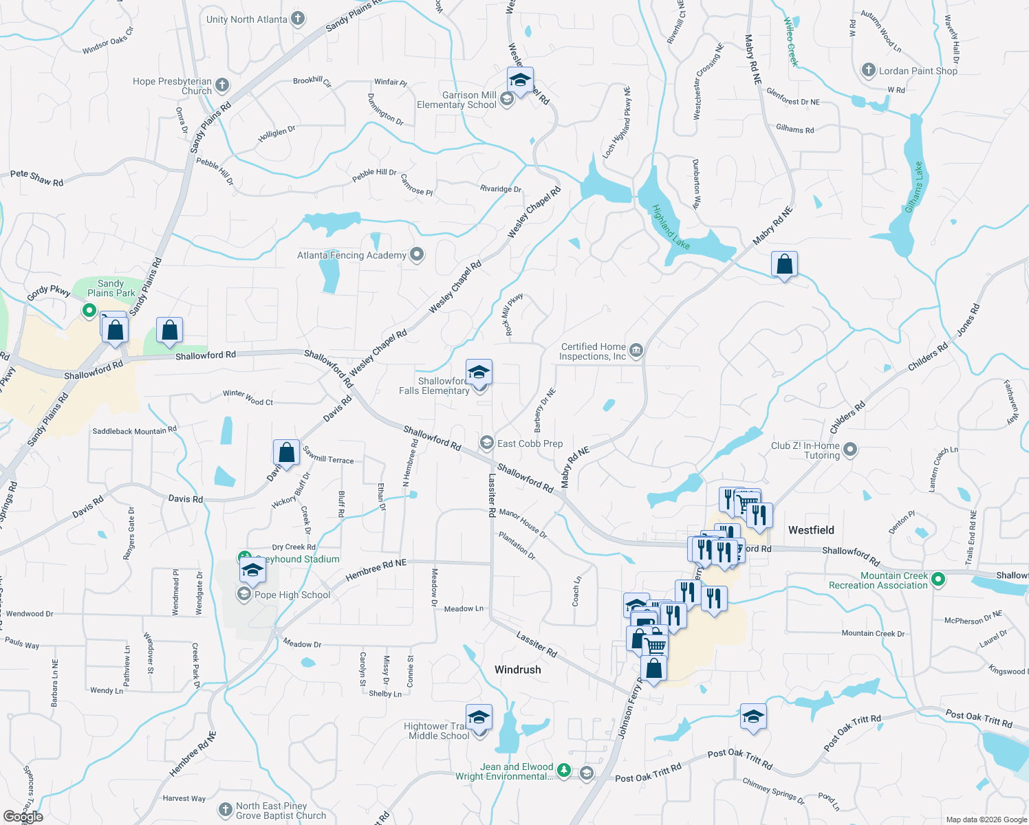 map of restaurants, bars, coffee shops, grocery stores, and more near 3571 Lassiter Rd in Marietta