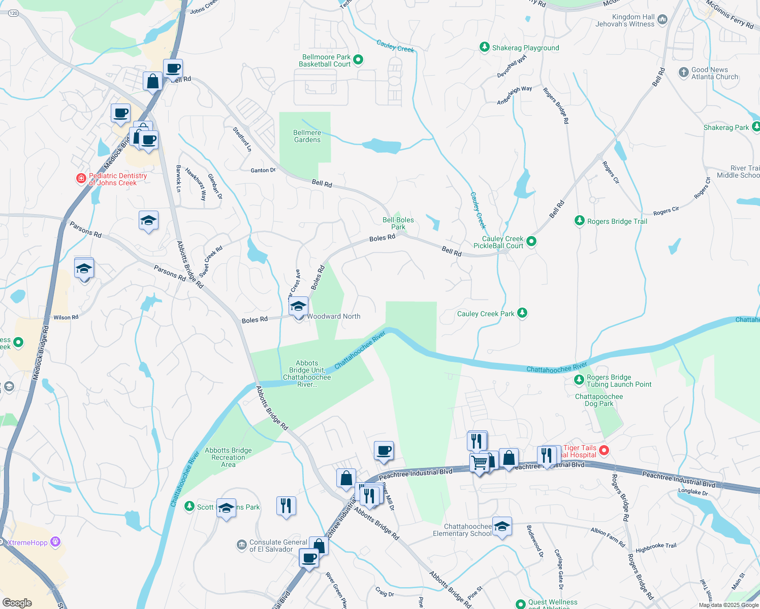 map of restaurants, bars, coffee shops, grocery stores, and more near 120 Wood River Court in Johns Creek
