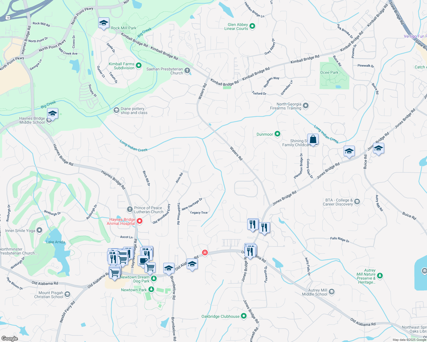 map of restaurants, bars, coffee shops, grocery stores, and more near 3480 Stillridge Drive in Alpharetta