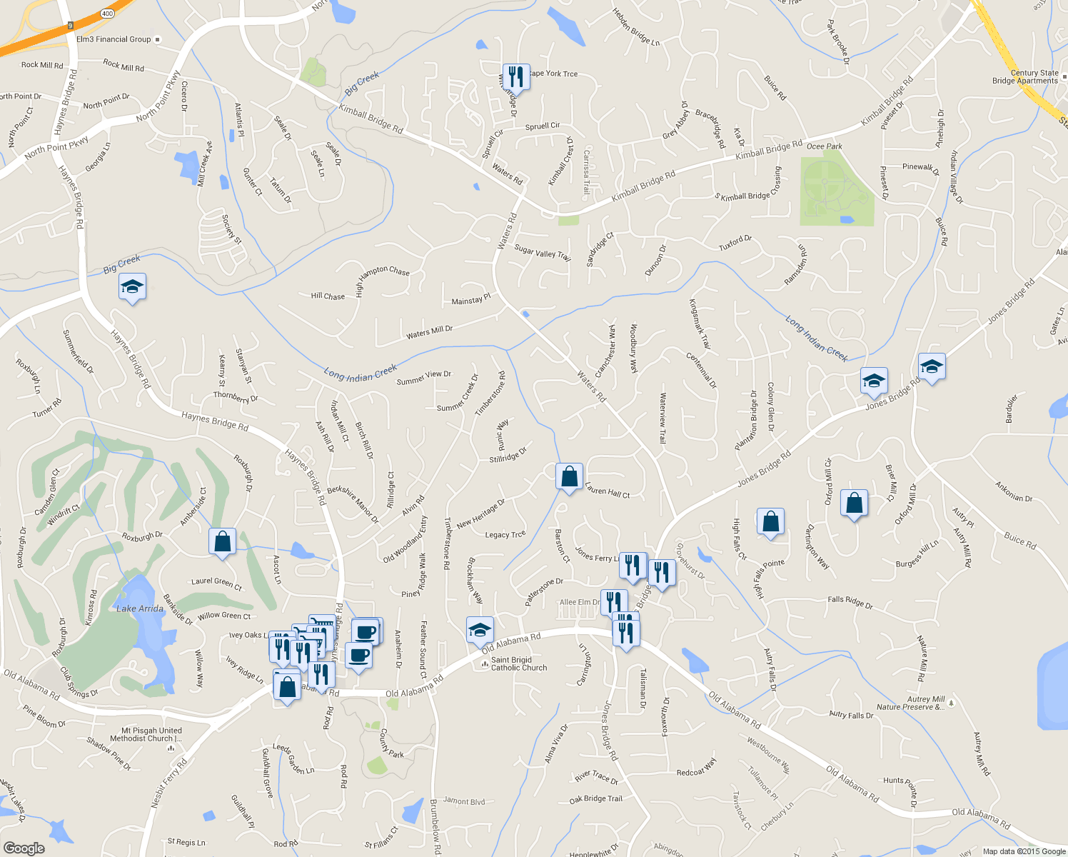 map of restaurants, bars, coffee shops, grocery stores, and more near 3480 Stillridge Drive in Alpharetta