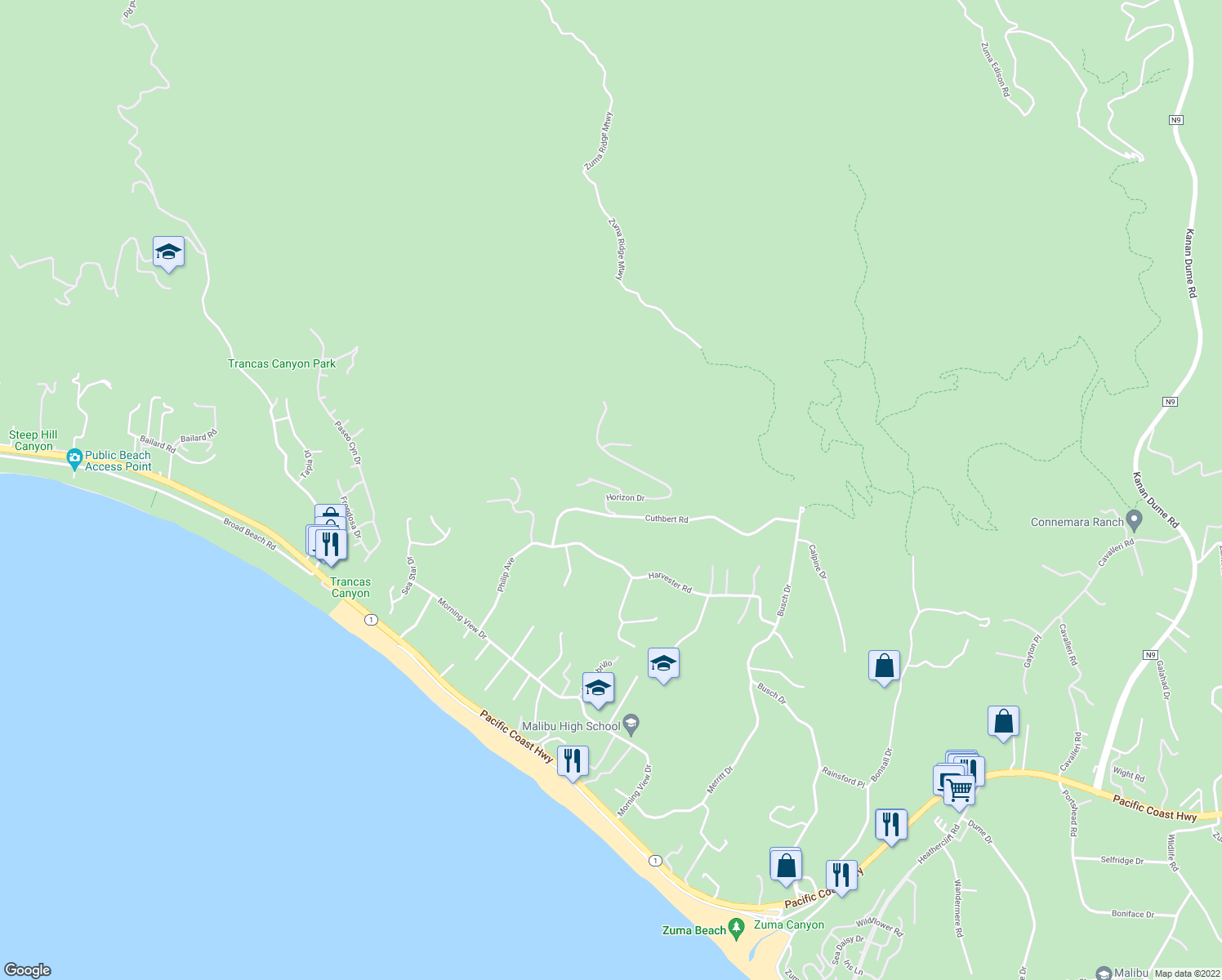map of restaurants, bars, coffee shops, grocery stores, and more near 30010 Andromeda Lane in Malibu