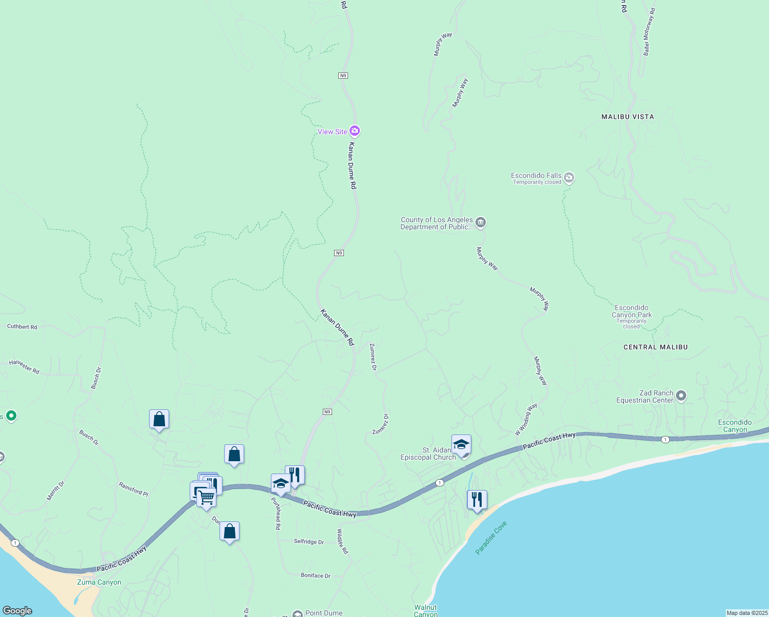 map of restaurants, bars, coffee shops, grocery stores, and more near 28247 Via Acero in Malibu