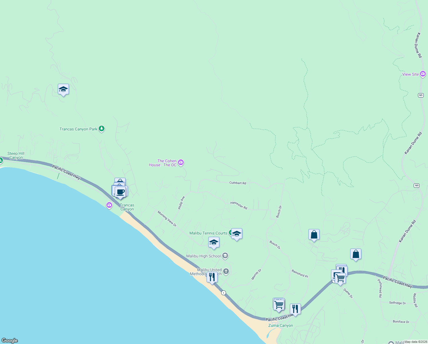map of restaurants, bars, coffee shops, grocery stores, and more near 30044 Andromeda Lane in Malibu