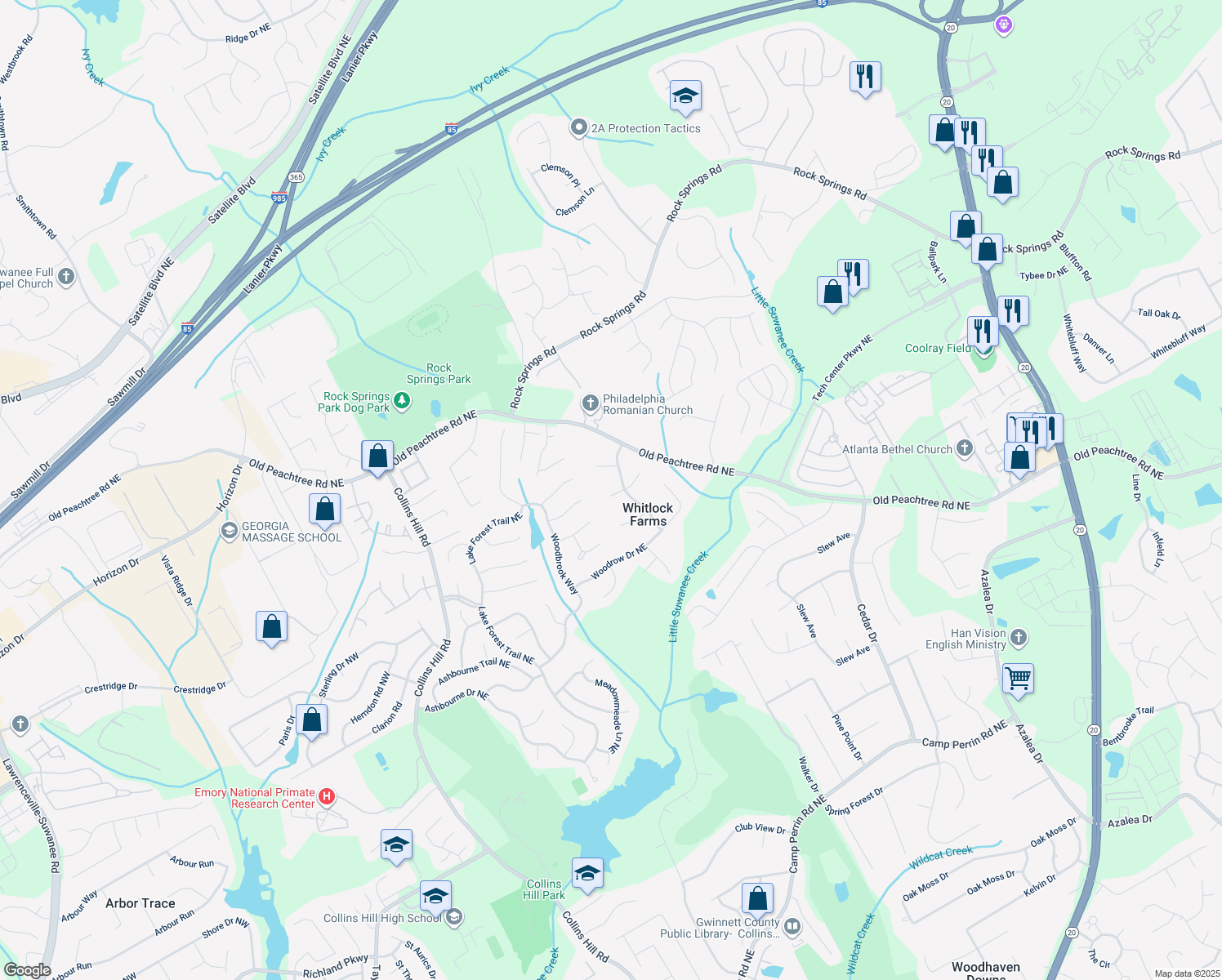 map of restaurants, bars, coffee shops, grocery stores, and more near 631 Cordun Court in Lawrenceville