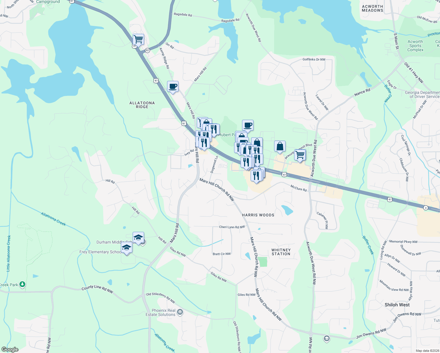 map of restaurants, bars, coffee shops, grocery stores, and more near 4748 Rose Arbor Drive in Acworth