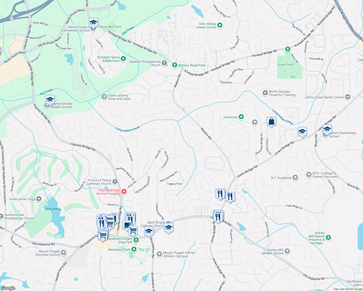 map of restaurants, bars, coffee shops, grocery stores, and more near 2595 Runic Way in Alpharetta