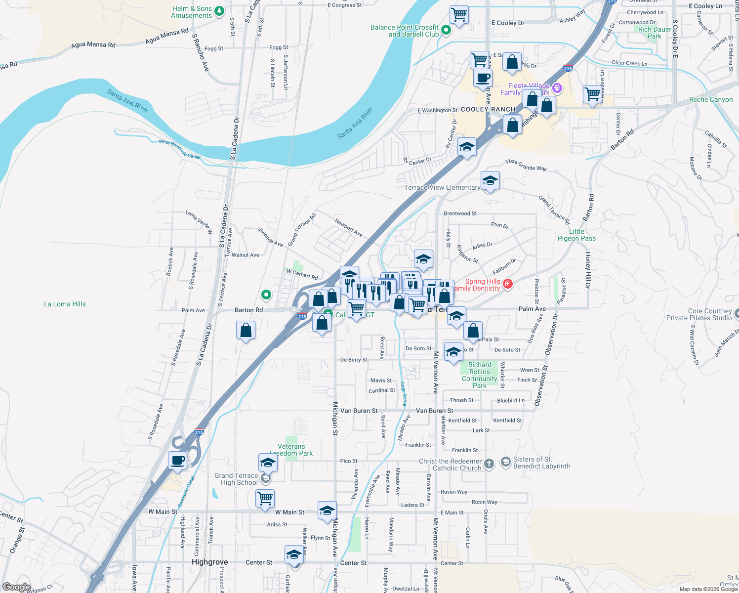 map of restaurants, bars, coffee shops, grocery stores, and more near 22229 McClarren Street in Grand Terrace