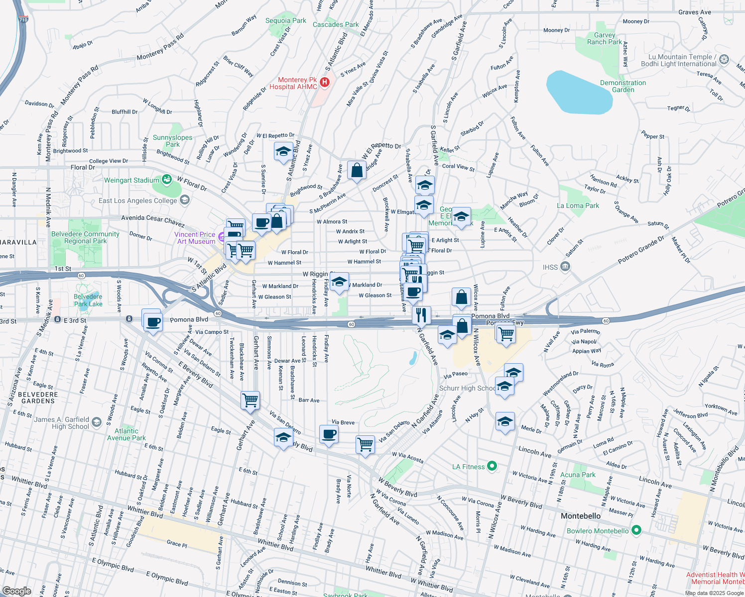 map of restaurants, bars, coffee shops, grocery stores, and more near 260 West Gleason Street in Monterey Park