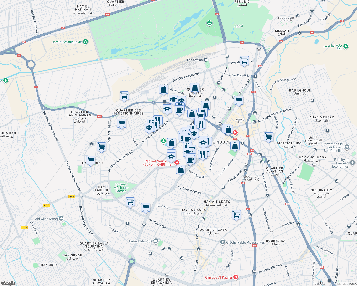 map of restaurants, bars, coffee shops, grocery stores, and more near Avenue du Prince Héritier in Fès