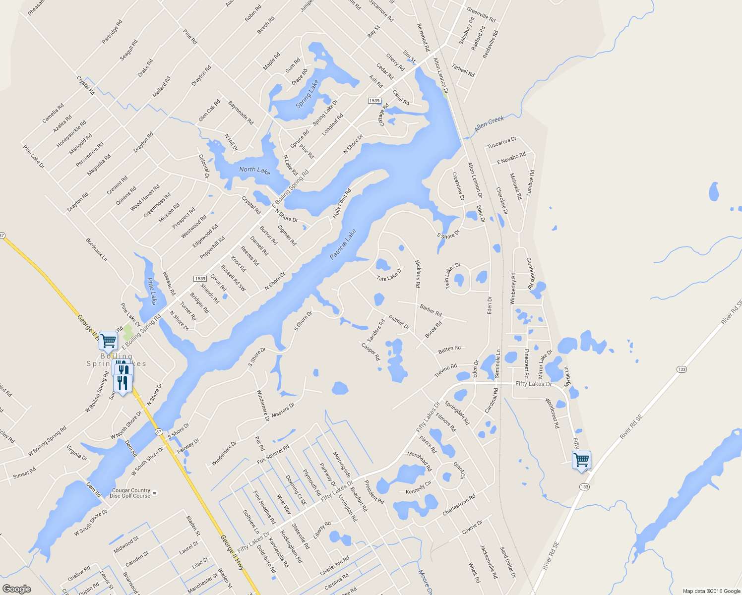 map of restaurants, bars, coffee shops, grocery stores, and more near 491 Palmer Drive in Southport