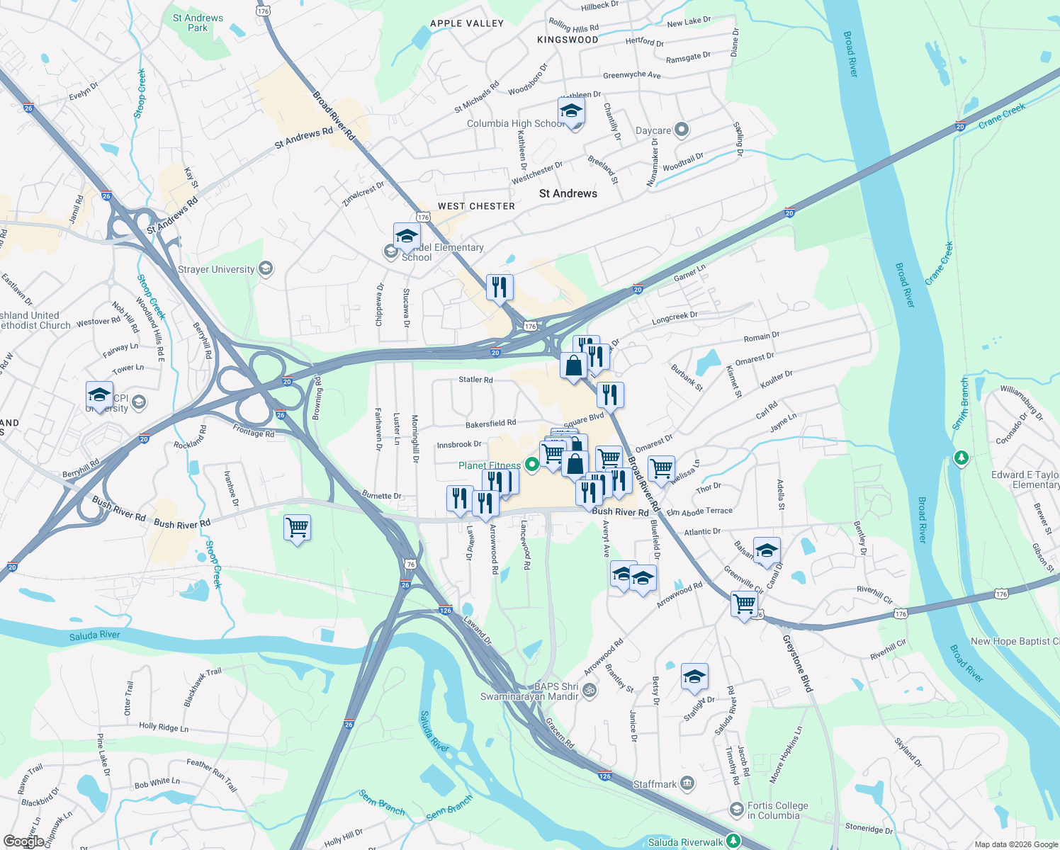 map of restaurants, bars, coffee shops, grocery stores, and more near 1118 Bakersfield Road in Columbia