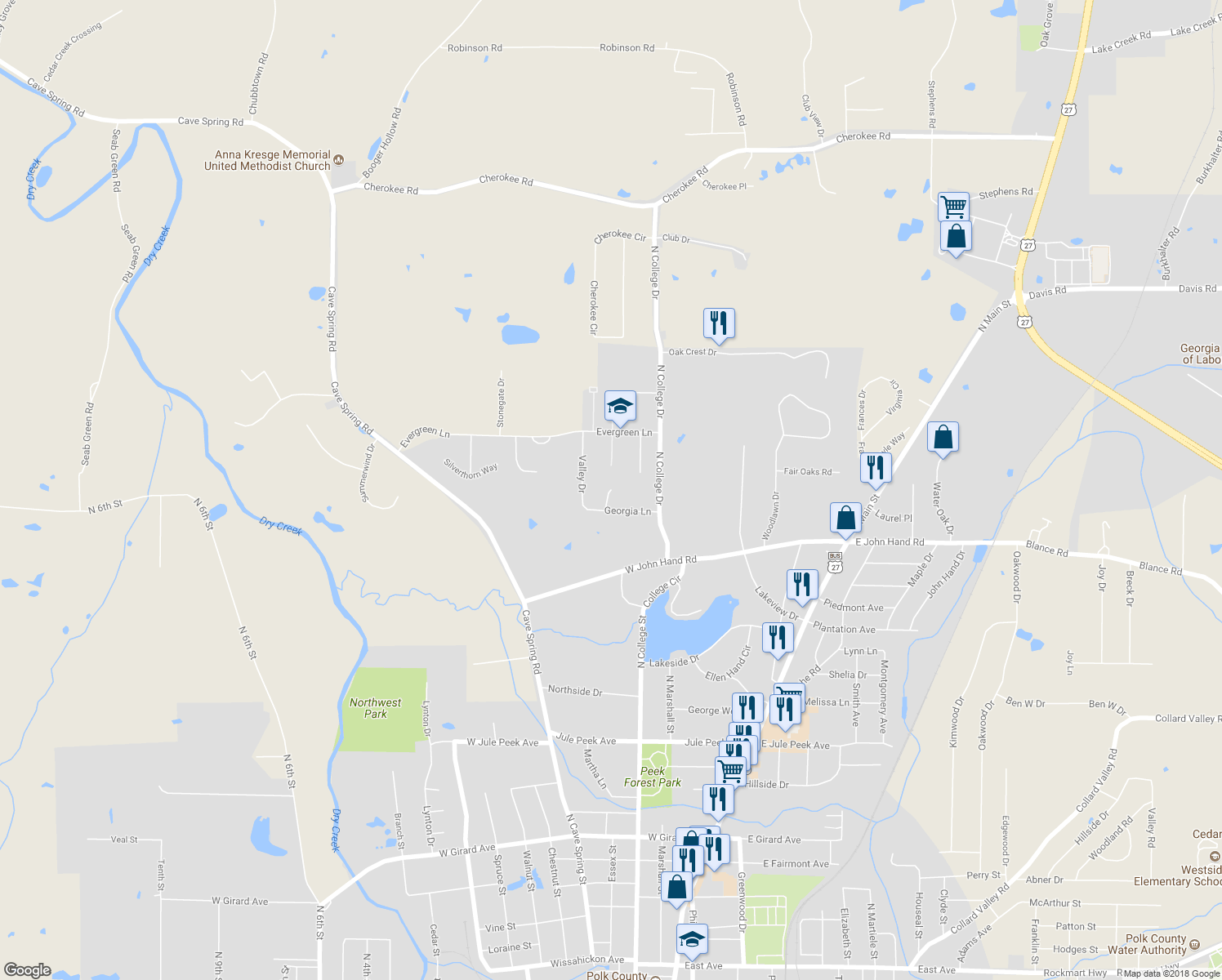 map of restaurants, bars, coffee shops, grocery stores, and more near 108 Hope Lane in Cedartown