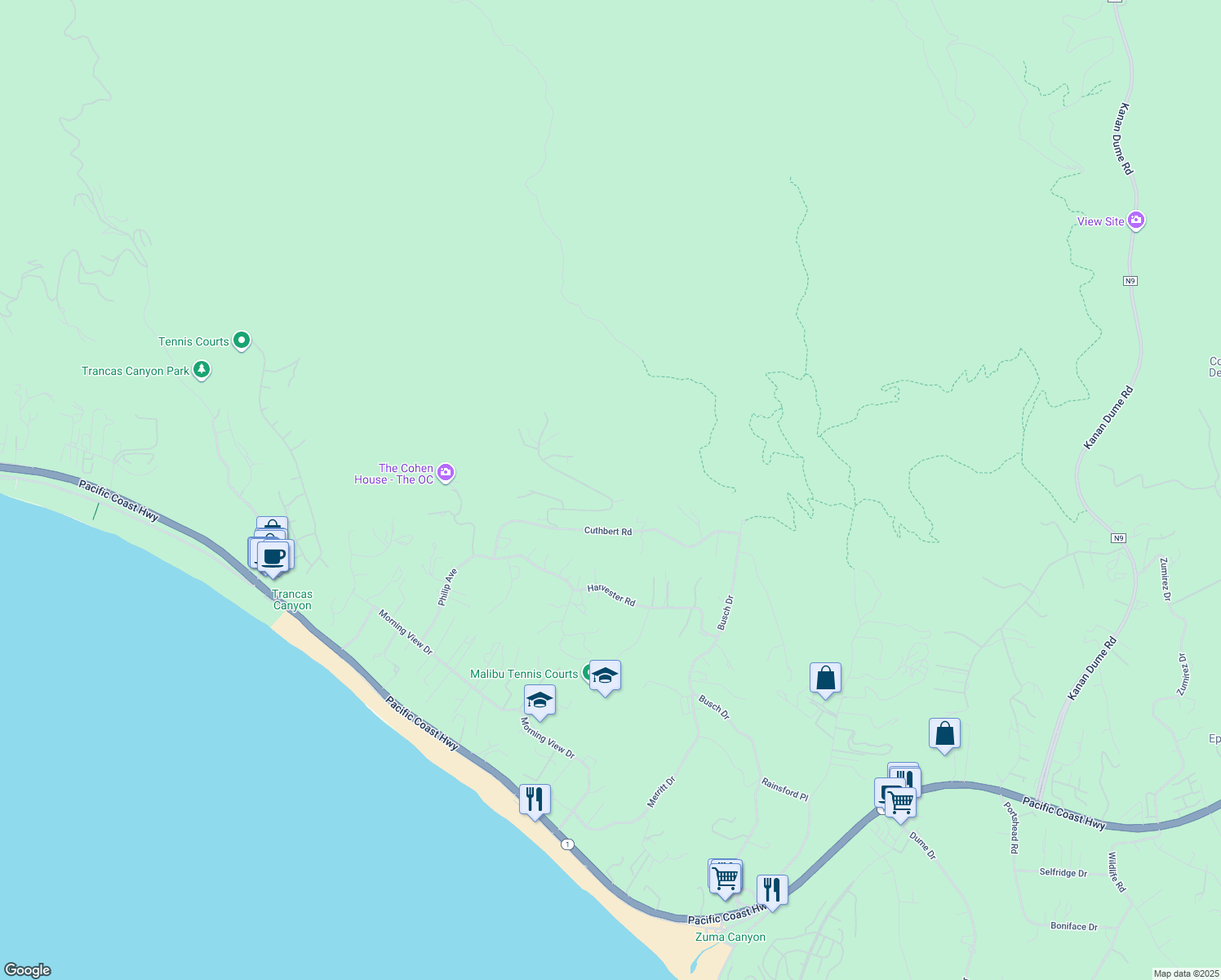 map of restaurants, bars, coffee shops, grocery stores, and more near 5441 Horizon Drive in Malibu