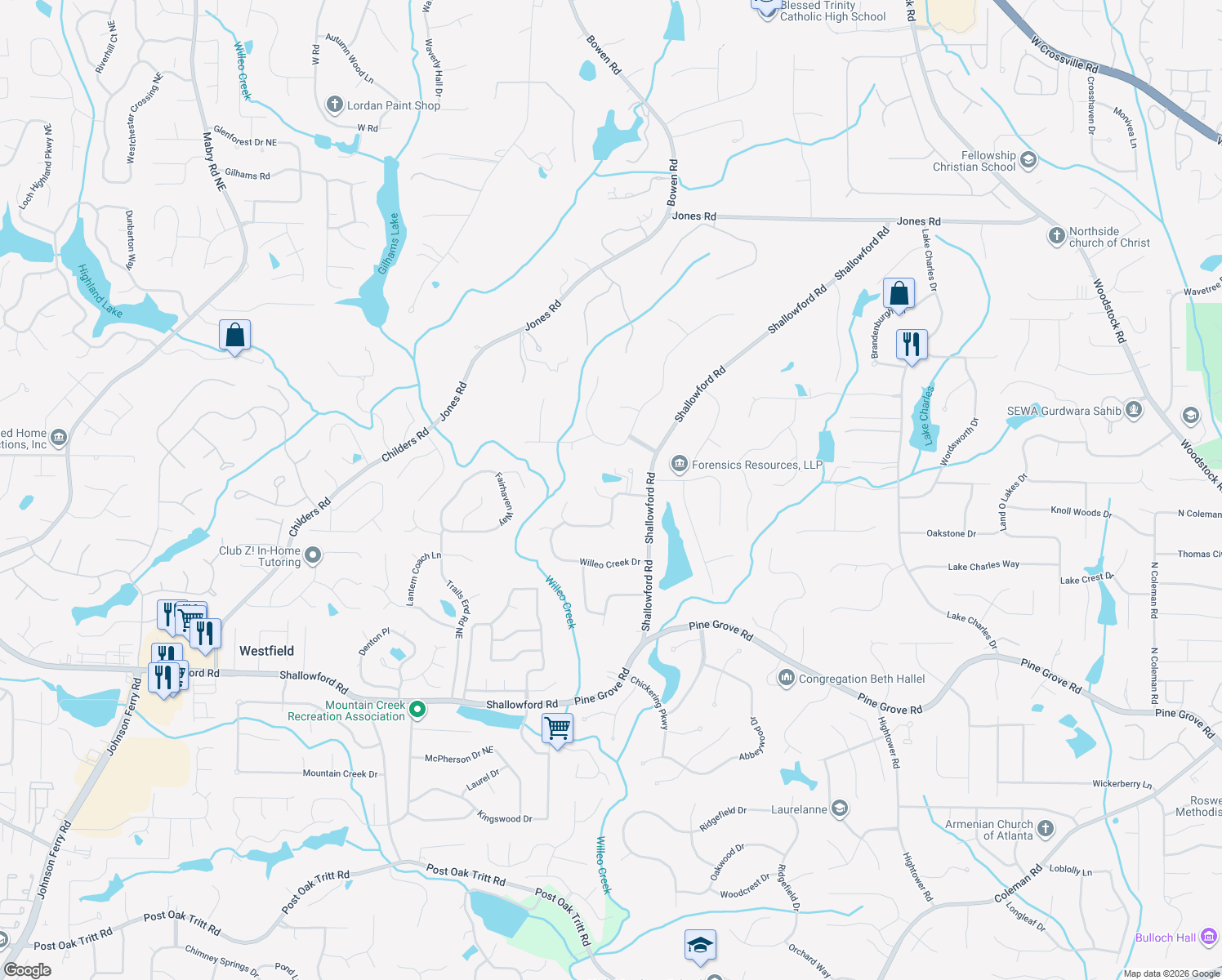 map of restaurants, bars, coffee shops, grocery stores, and more near 2040 Shallowford Park Manor in Roswell