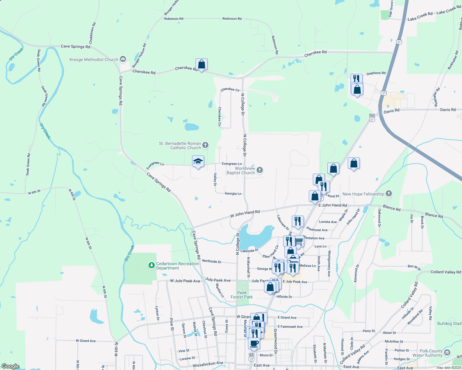 map of restaurants, bars, coffee shops, grocery stores, and more near 112 Hope Lane in Cedartown