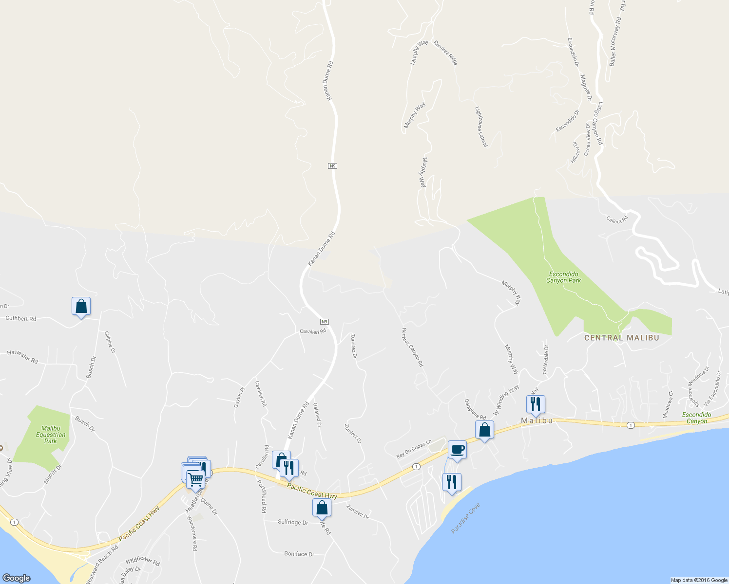 map of restaurants, bars, coffee shops, grocery stores, and more near 28247 Via Acero in Malibu
