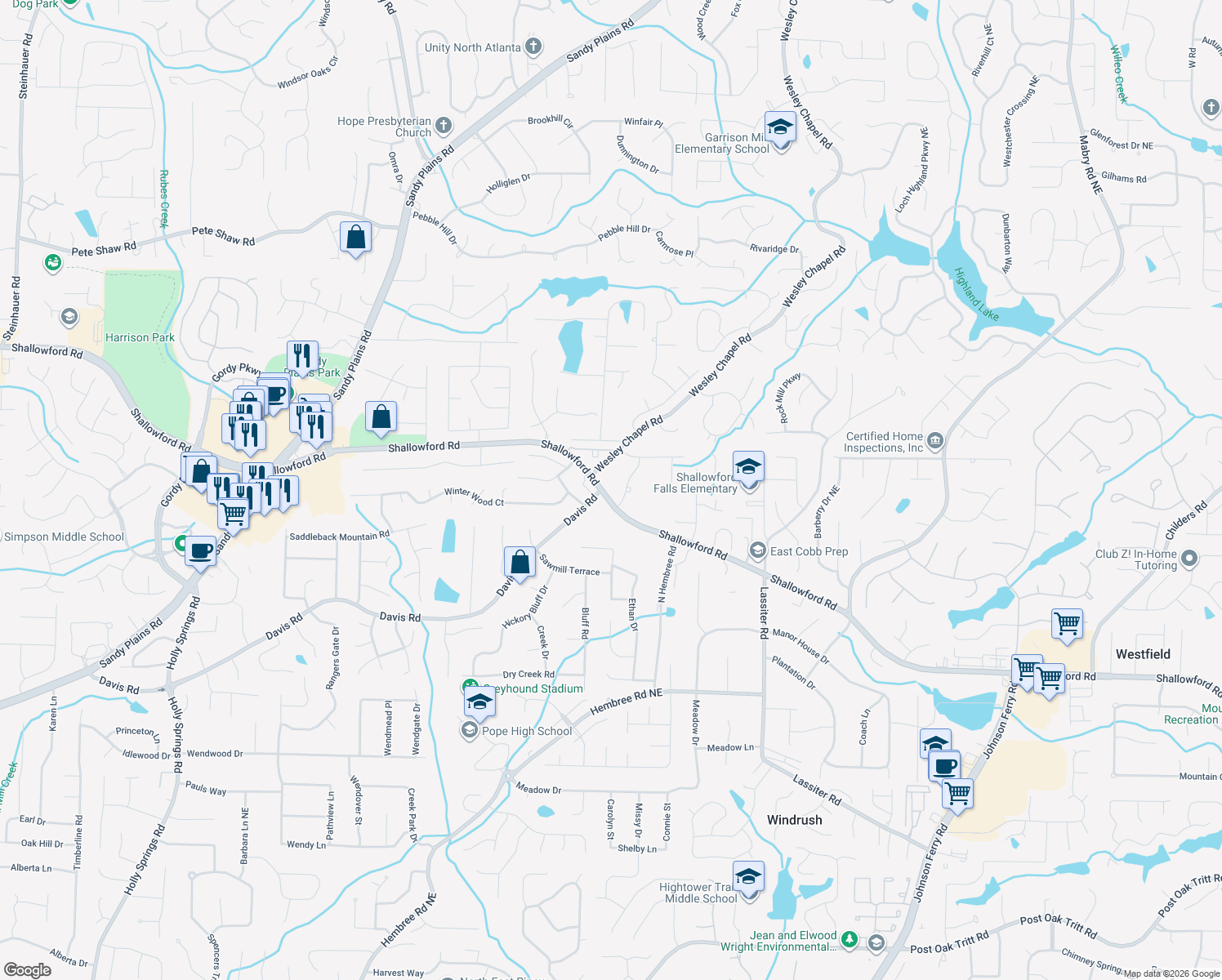 map of restaurants, bars, coffee shops, grocery stores, and more near 3615 Shallowford Rd in Marietta