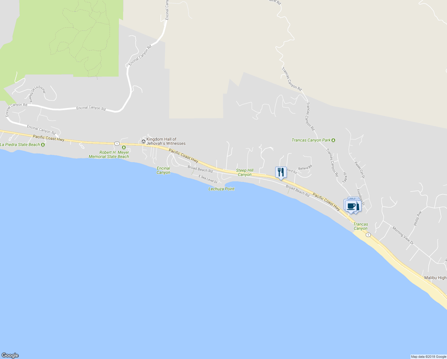 map of restaurants, bars, coffee shops, grocery stores, and more near 31540 Victoria Point Road in Malibu