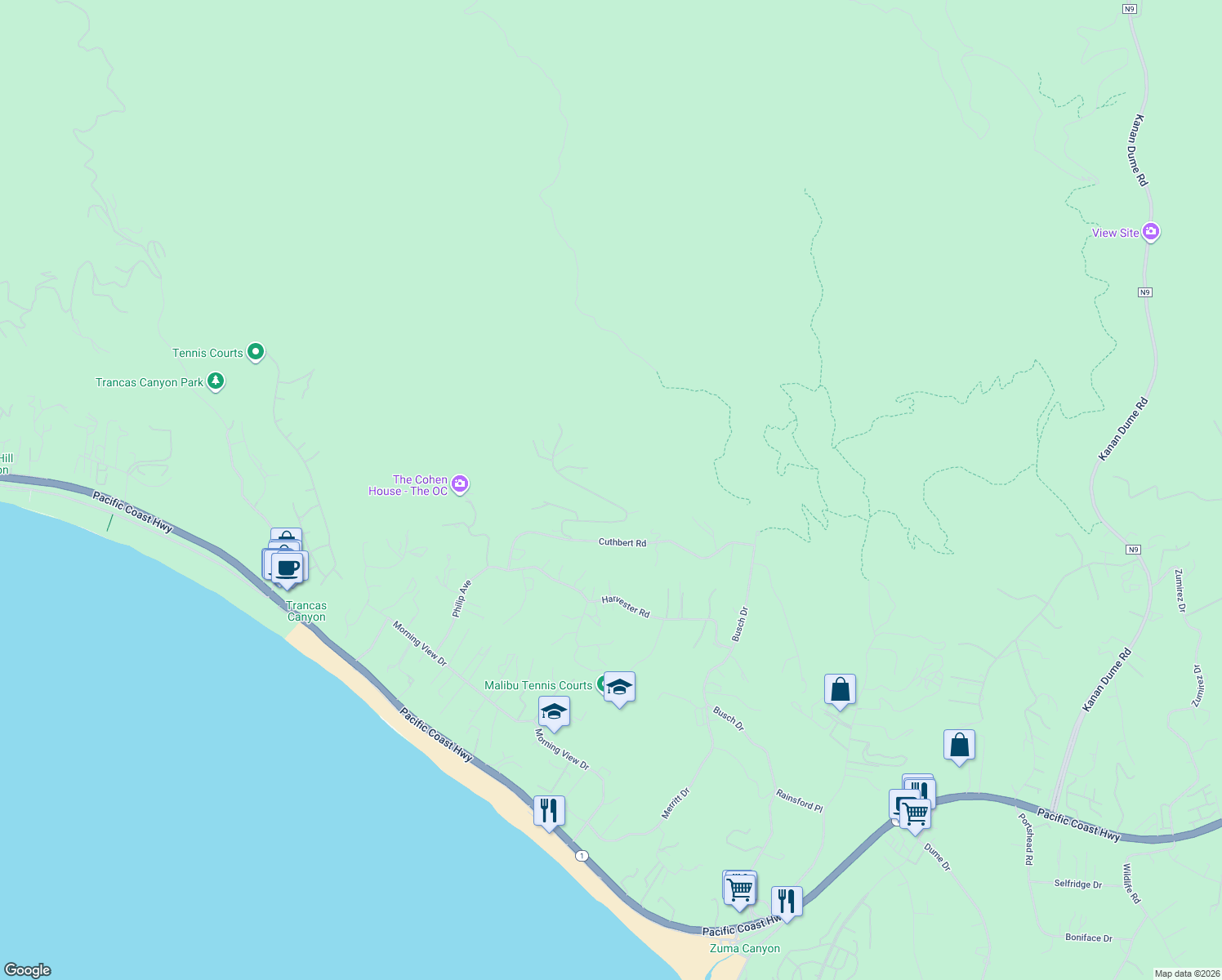 map of restaurants, bars, coffee shops, grocery stores, and more near 5441 Horizon Drive in Malibu
