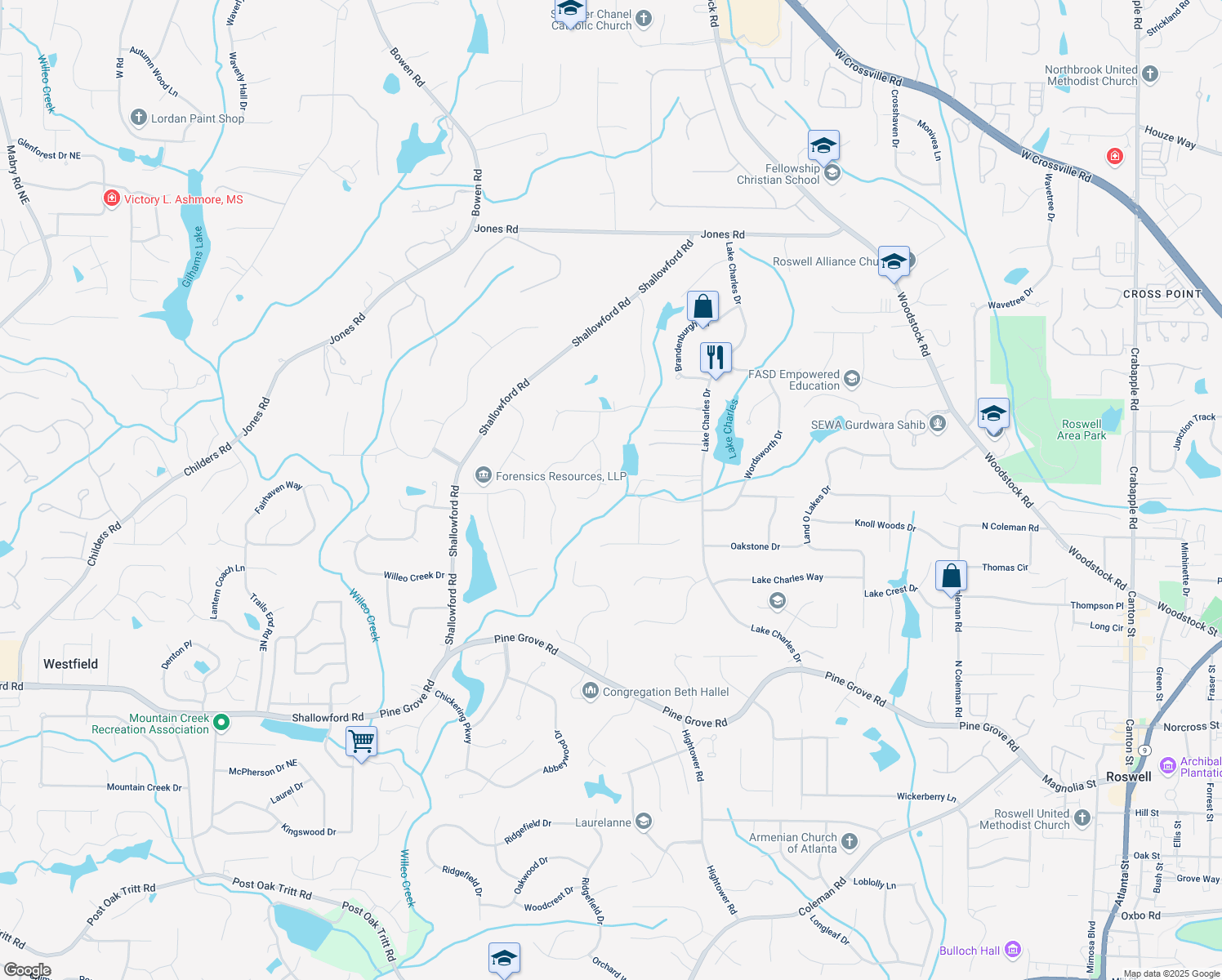 map of restaurants, bars, coffee shops, grocery stores, and more near 560 Indigo Drive in Roswell
