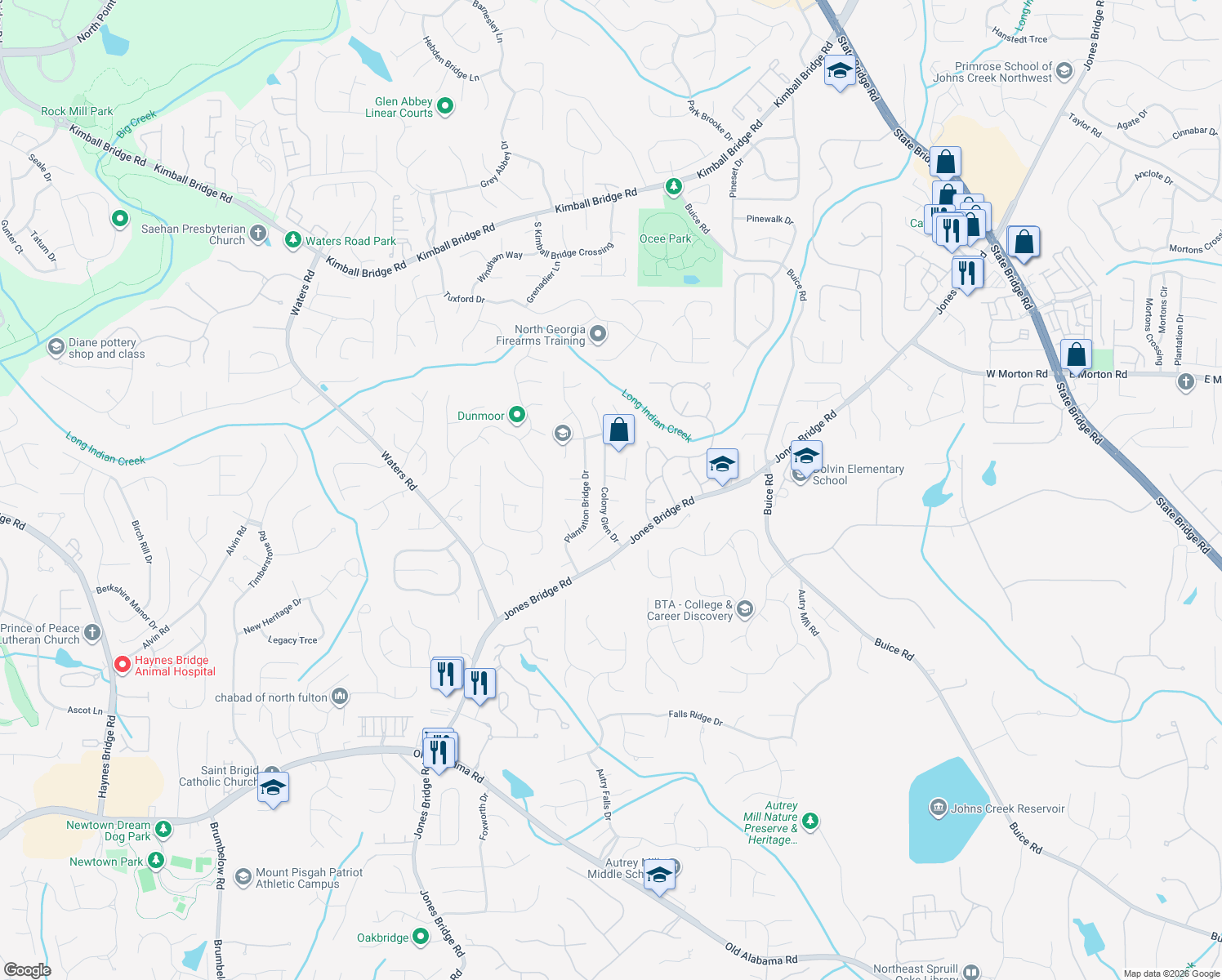 map of restaurants, bars, coffee shops, grocery stores, and more near 10445 Colony Glen Dr in Alpharetta