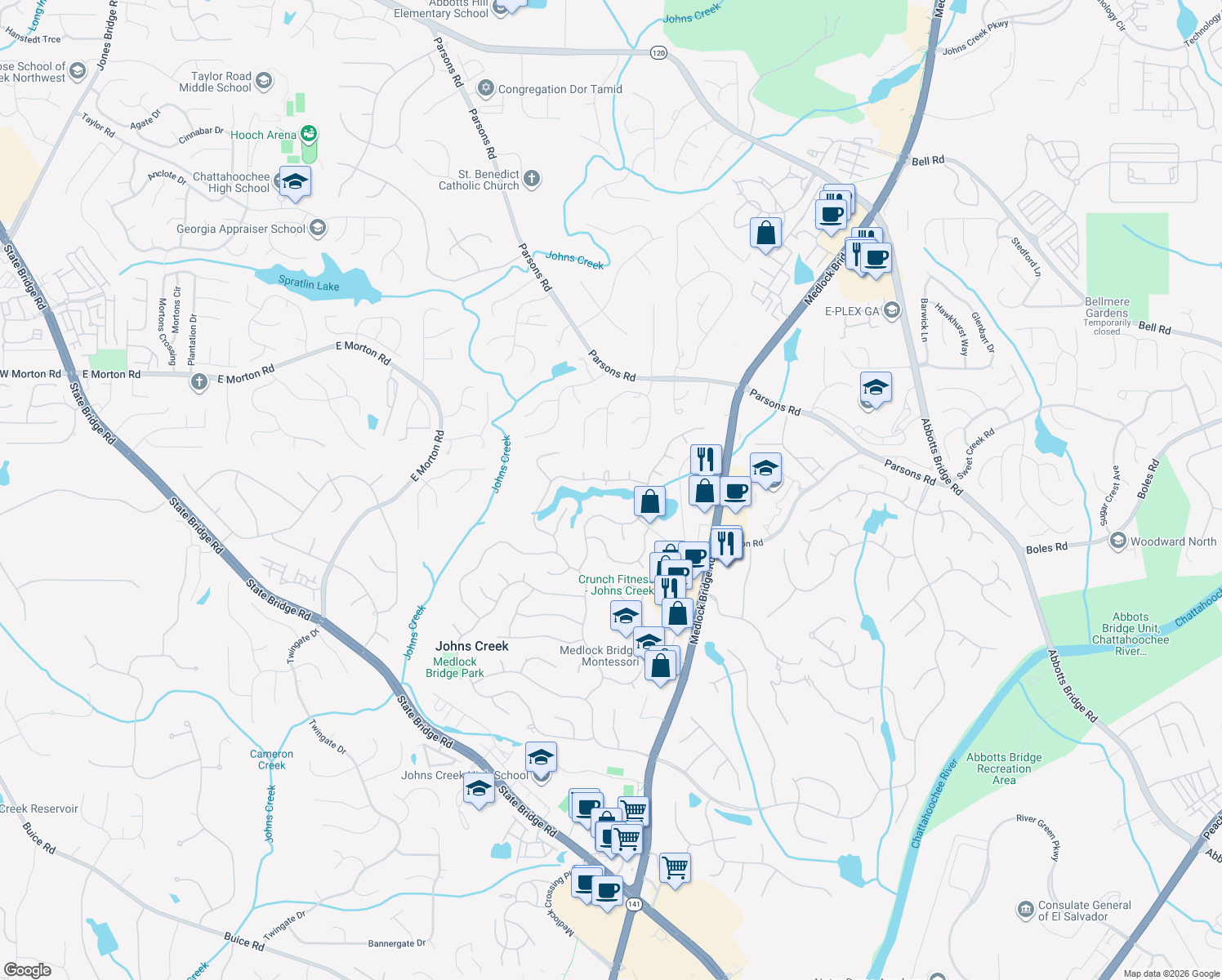map of restaurants, bars, coffee shops, grocery stores, and more near 350 Lake Manor Trace in Alpharetta