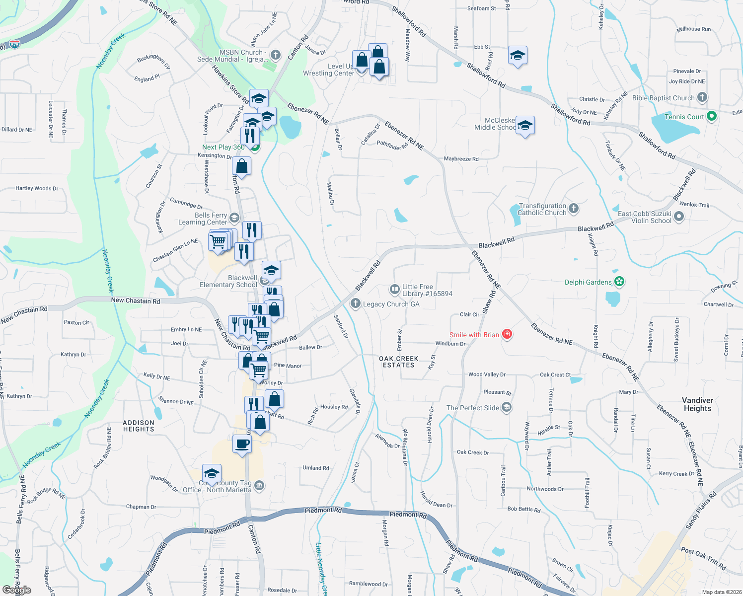 map of restaurants, bars, coffee shops, grocery stores, and more near 1160 Autumn Ridge Dr in Marietta