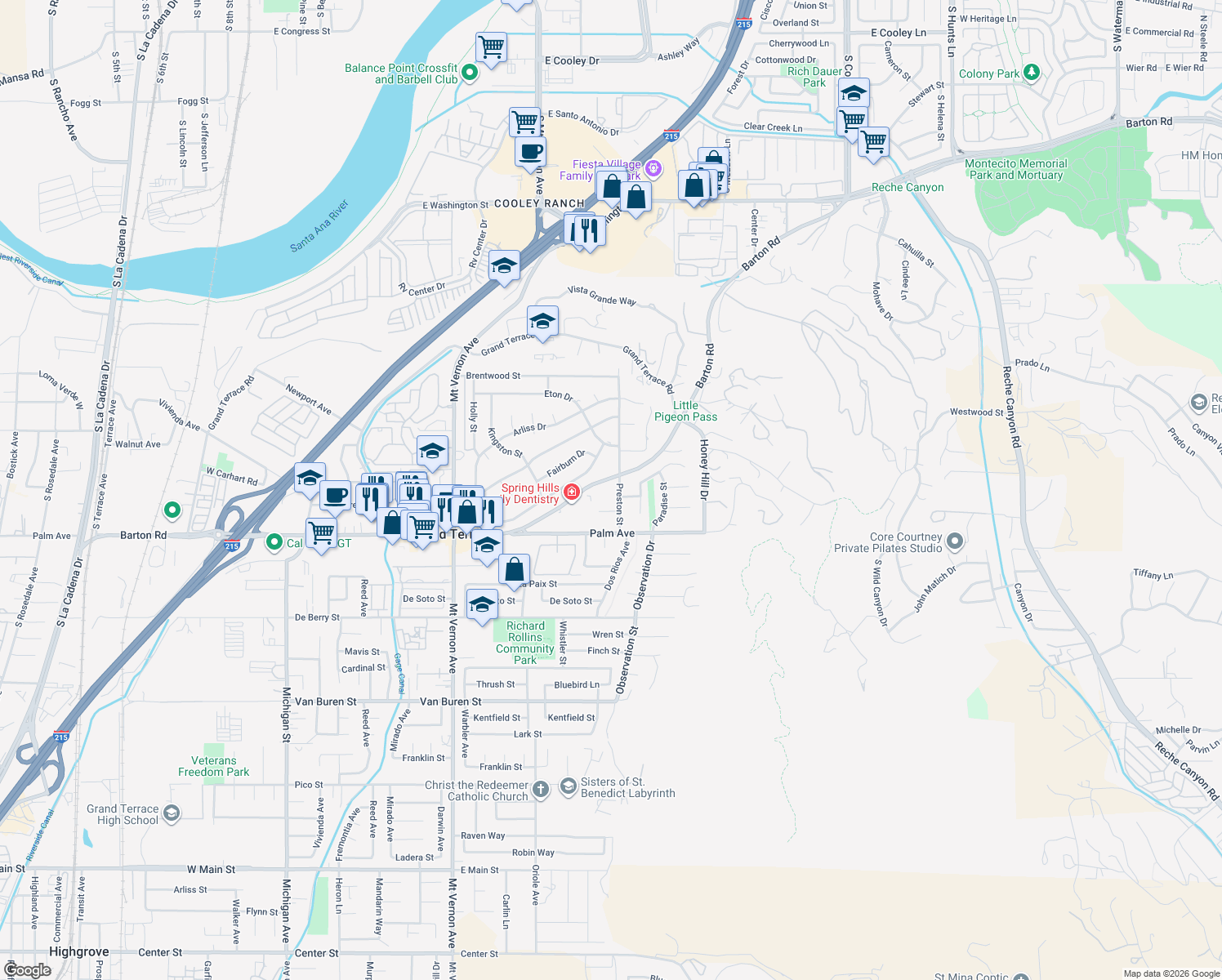 map of restaurants, bars, coffee shops, grocery stores, and more near 12102 Preston Street in Grand Terrace
