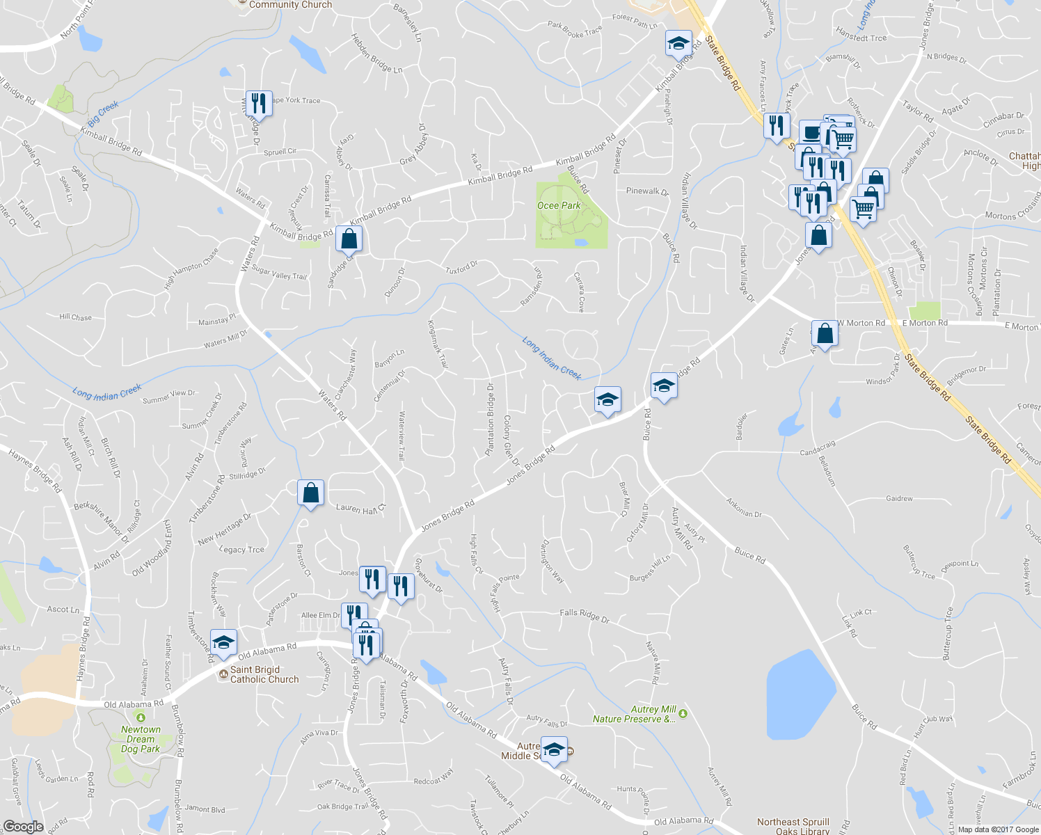 map of restaurants, bars, coffee shops, grocery stores, and more near 125 Colony Run in Alpharetta