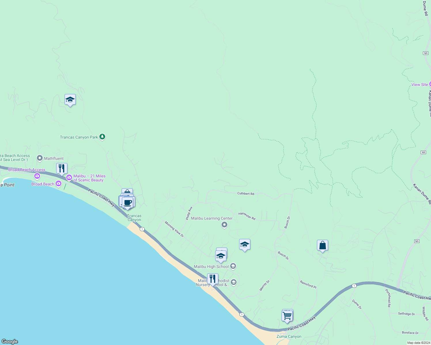 map of restaurants, bars, coffee shops, grocery stores, and more near 5269 Horizon Drive in Malibu