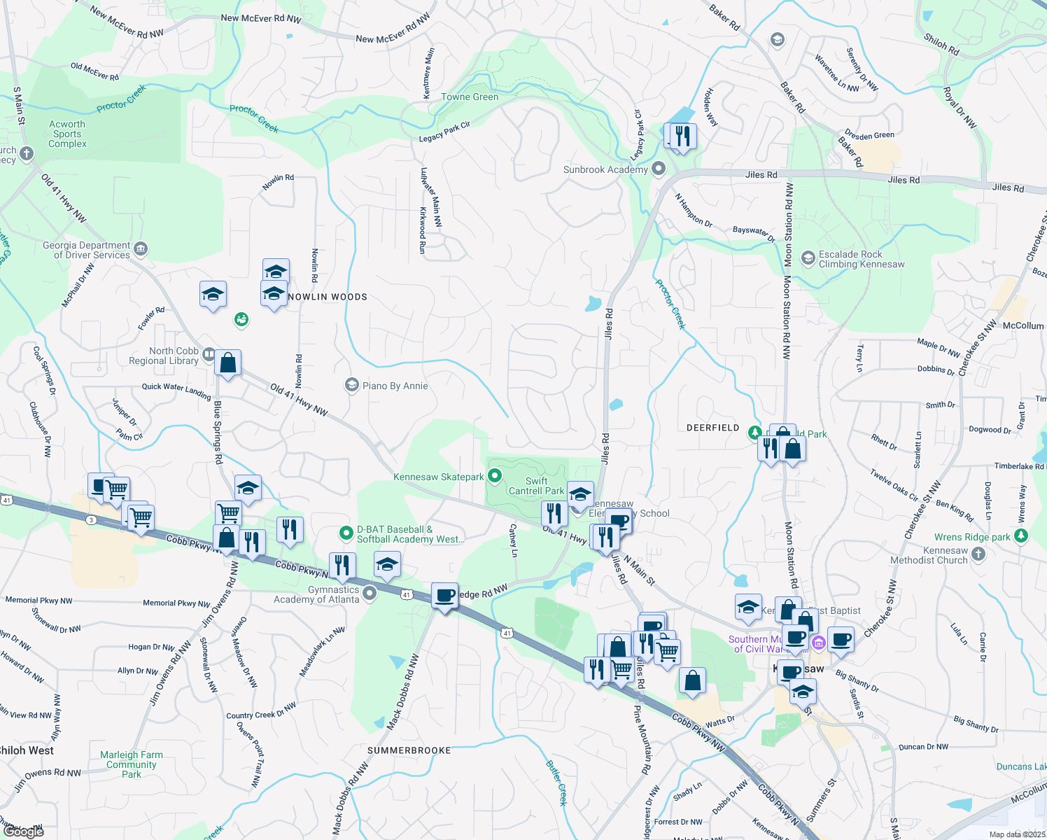 map of restaurants, bars, coffee shops, grocery stores, and more near 3419 English Oaks Dr NW in Kennesaw