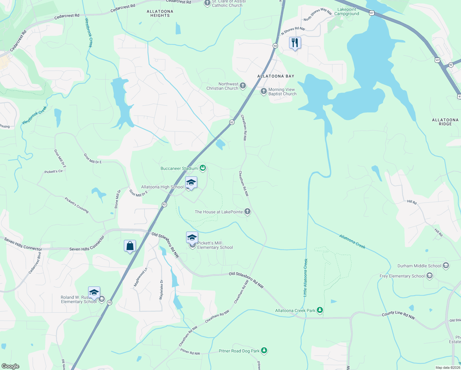 map of restaurants, bars, coffee shops, grocery stores, and more near 3275 Deer Valley Drive Northwest in Acworth