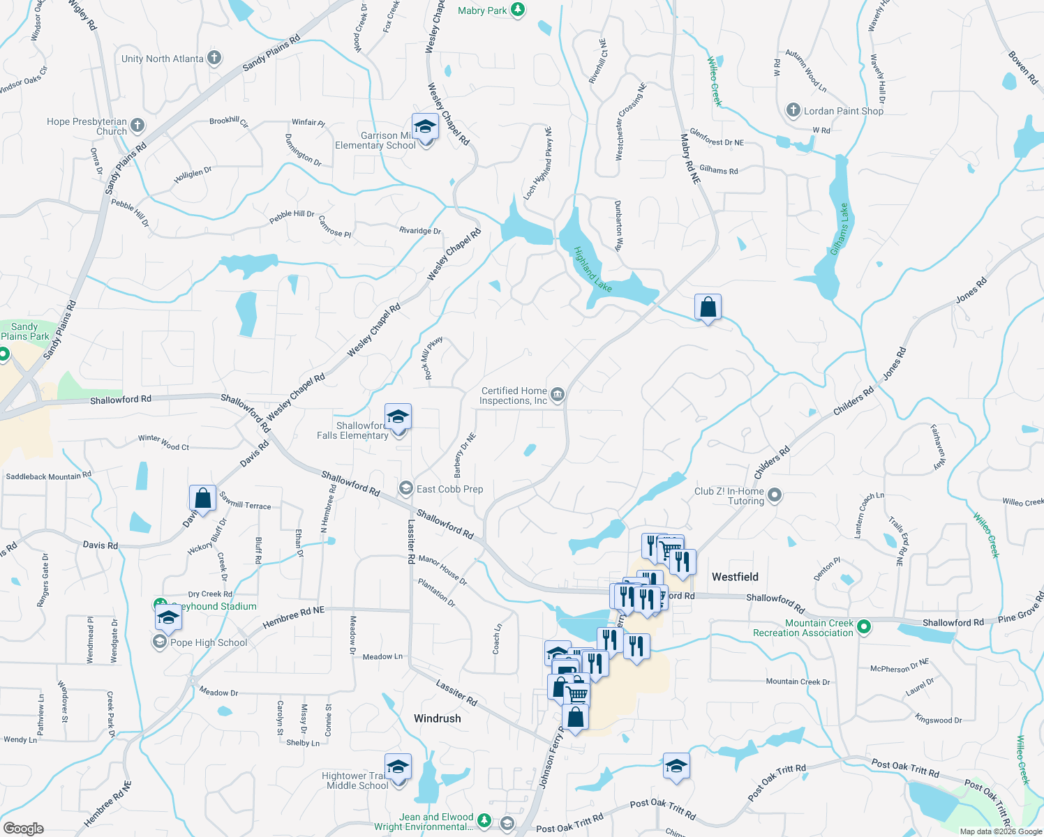 map of restaurants, bars, coffee shops, grocery stores, and more near 3532 Nettle Ln NE in Roswell