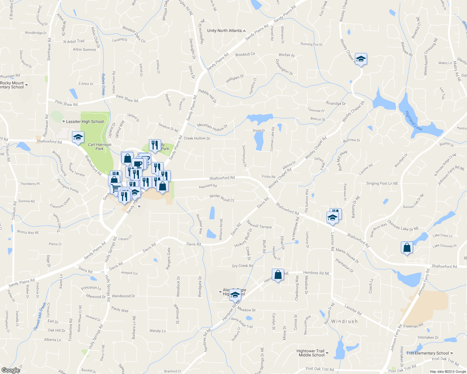 map of restaurants, bars, coffee shops, grocery stores, and more near 3360 Keenland Road in Marietta