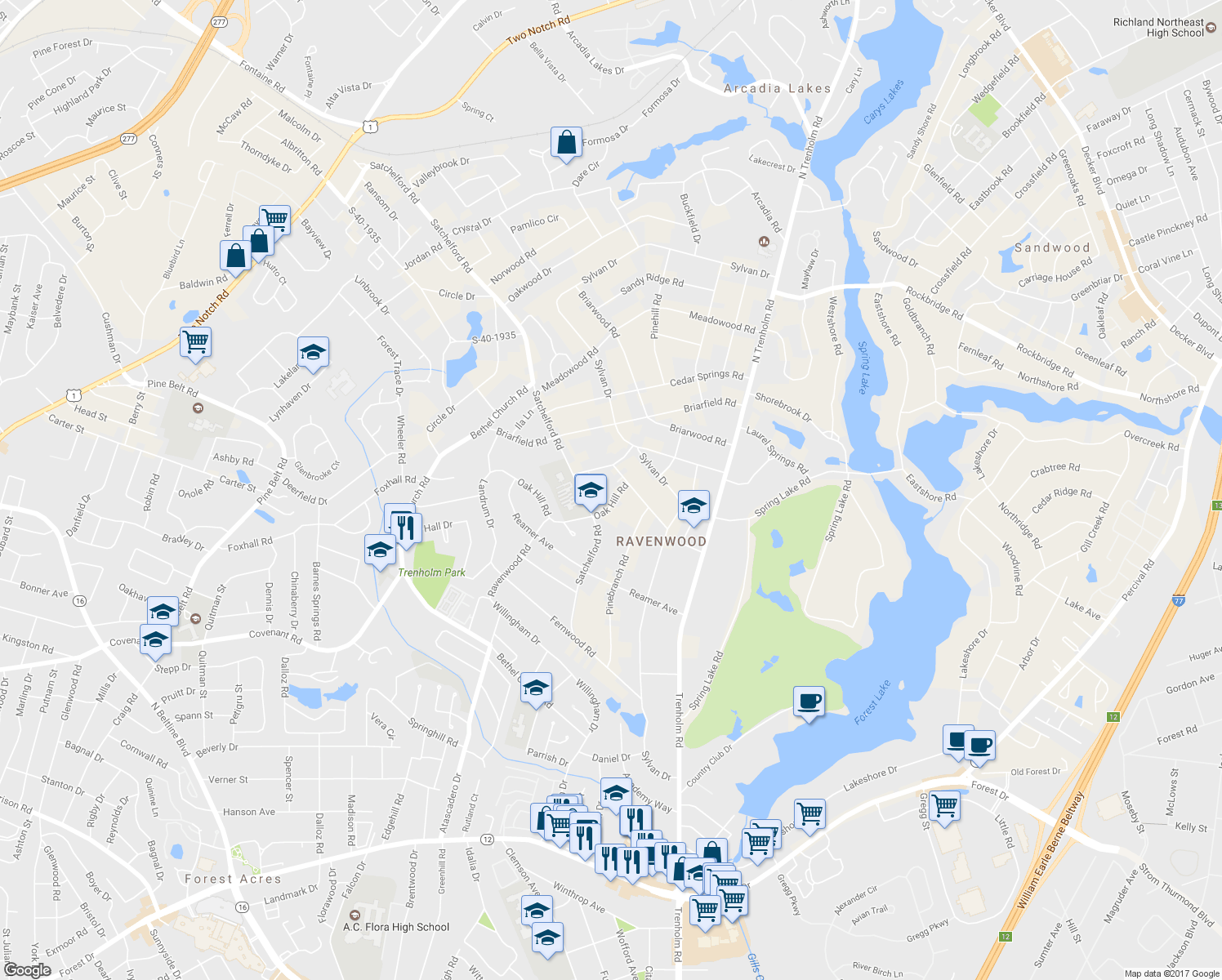 map of restaurants, bars, coffee shops, grocery stores, and more near 4711 Oak Hill Road in Columbia